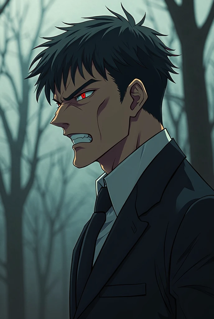 Anime middle aged man in office suit with stubble who made a contract with the Demon of Absorption