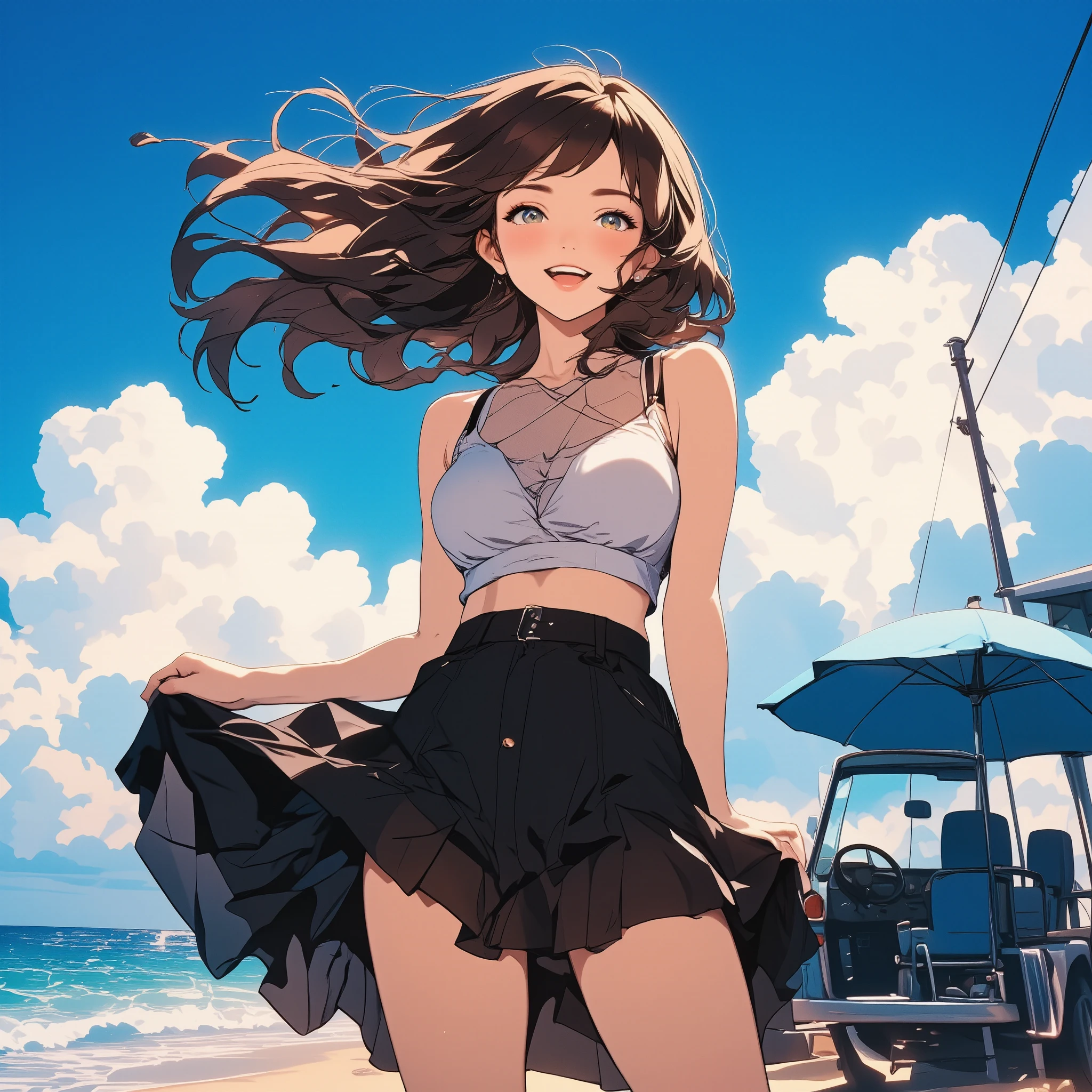 skirt, with mesh crop top, amerian girl, medium breasts, sexy style, casual dress, legs, strong wind, aerial hair and clothes, the wind blows her skirt up, outdoor, summer beach, parasol, vehicle, strong sunlight, blue sky, ocean, vacation, open mouth, raise thigh, deep-blush, playful smile,