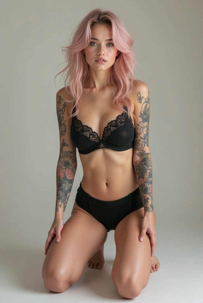 (masterpiece), (top quality), (realistic photo), 8k high definition perfect lighting best photography award, (whole body) 8k quality young caucasian woman 28 years old, pale white skin, ((lovely)), perfect body, (perfect ???????) perfectly proportioned medium body, slightly robust body, ((semi athletic)), perfect face, Perfect eyes, very detailed, (intricate details), (big violet eyes), very long straight messy hair pink hair color extremely tattooed woman, (tattooed arms), (tattooed legs), (tattooed body), extremely sensual woman, (captivating), wears glasses and silver jewelry, ????? lying down, On knees, showing the butt to the viewer, ((extremely sensual)), ((high heel sandals with long straps)) the viewer sees her buttocks,