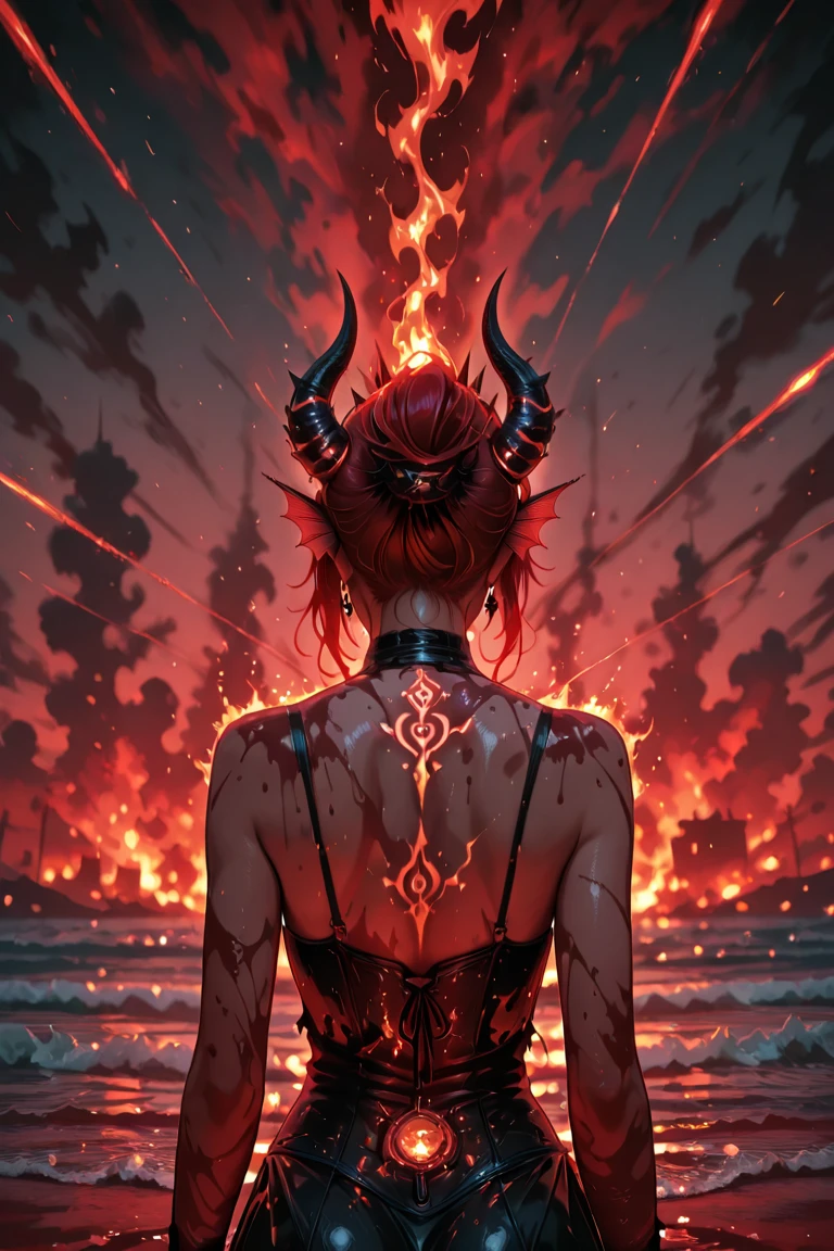Arafed, Dark fantasy art, fantasy art, goth art, a picture of a tattoo on the back of a female elf, a glowing tattoo of a ((strawberry: 1.3)) on the elf's back, the ((strawberry tattoo)) is vivid, intricate detailed, GlowingRunesAI_red, ((fire surrounds the strawberry: 1.5)), shoot taken from the back, ((the back is visible: 1.3), she wears a transparent black dress, the dress is elegant, flowing, elven style, that the tattoos glow, dynamic hair color, dynamic hair style, vibrant, Ultra-high resolution, High Contrast, (masterpiece:1.5), highest quality, Best aesthetics), best details, best quality, highres, 16k, (ultra detailed: 1.5), masterpiece, best quality, (extremely detailed) RAW, (ultra details, Masterpiece, best quality) faize, Digital Painting,