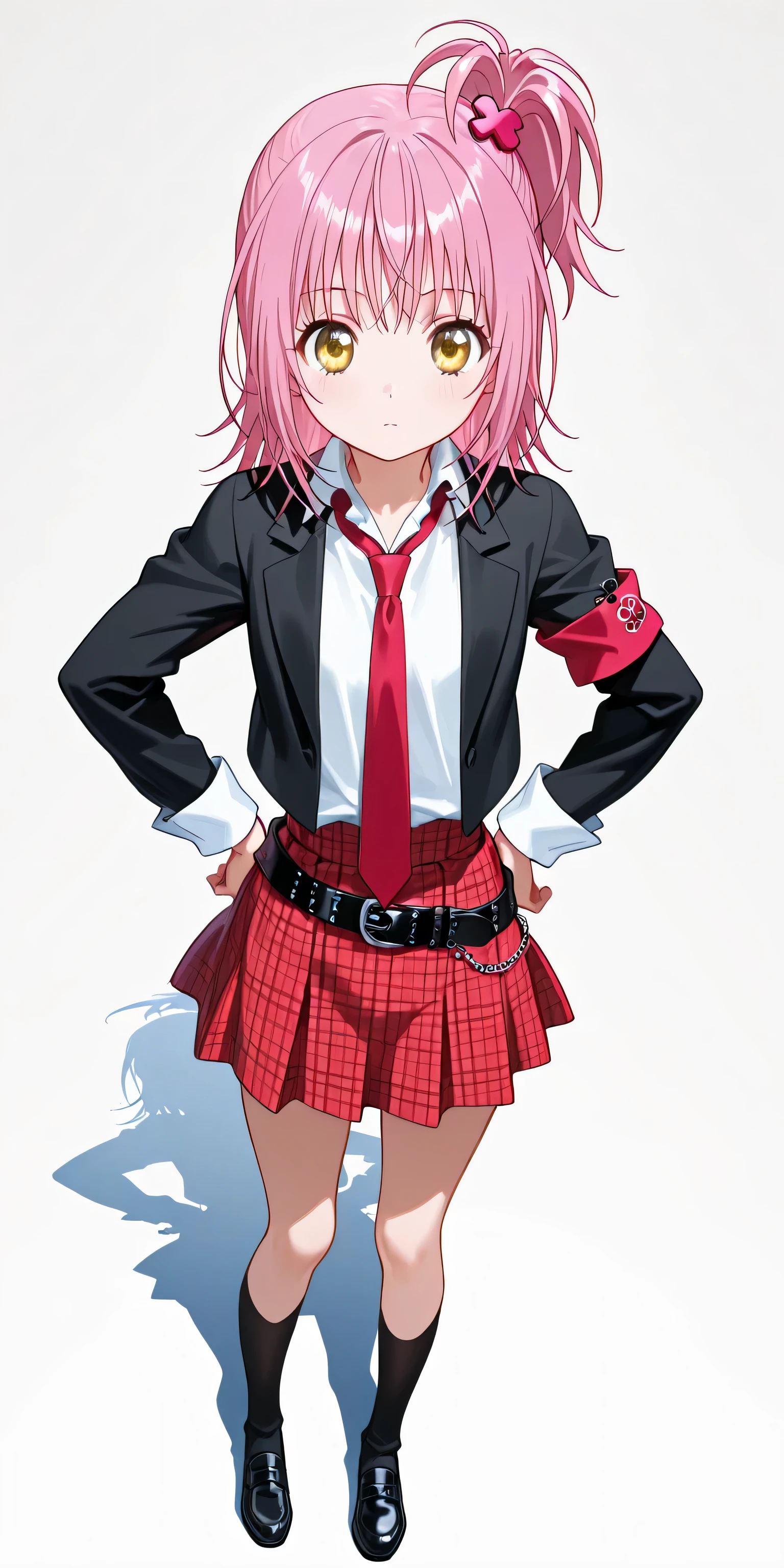 masterpiece, highest quality, very detailed,
the best shape, best shadow, absurd,
detailed background, so beautiful, shiny ,
extraordinary, countershading, 8k, 32k, high resolution, beautiful eyes in every detail,
very detailed cg, uhd,
score_9, score_8_up, score_7_up, source_anime,
pastel painting:1.2, watercolor painting:1.2,
masterpiece, detailed:1.2, foreshortening:1.2, realistic skin,
hinamori amu,
anime screencap,
1girl, amu hinamori, short hair, side ponytail, one side up, pink hair, yellow eyes,
hair ornament, x hair ornament, armband,
jacket, cropped jacket, black blazer,
shirt, white collared shirt,
necktie, red necktie,
skirt, high waist skirt, plaid, plaid skirt,
belt,
socks, long socks,
shirt tucked in,
straight-on,
standing, full body,
white background,