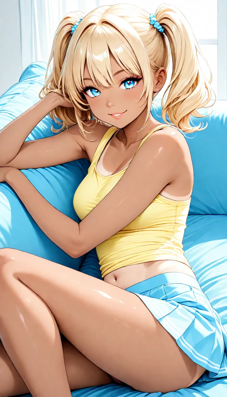 1 female、(Blonde、Twin tails)、 like々Funny face、(pink micro bikini and bikini pants)、Sensual look、Sexy pose、On the bed、Composition looking up from below、Dynamic Angle