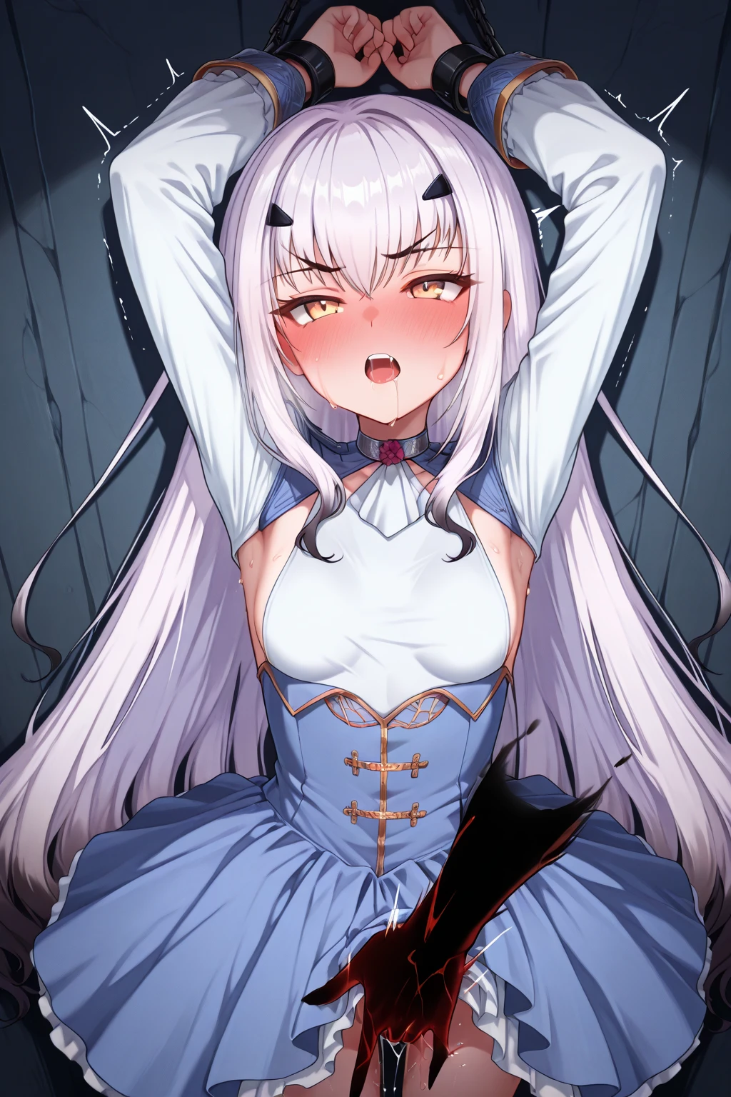 slave, White hair, black red eyes, semi nude, Sex, hypnosis, Orgasm, drool, smiling, cum on body, long hair
