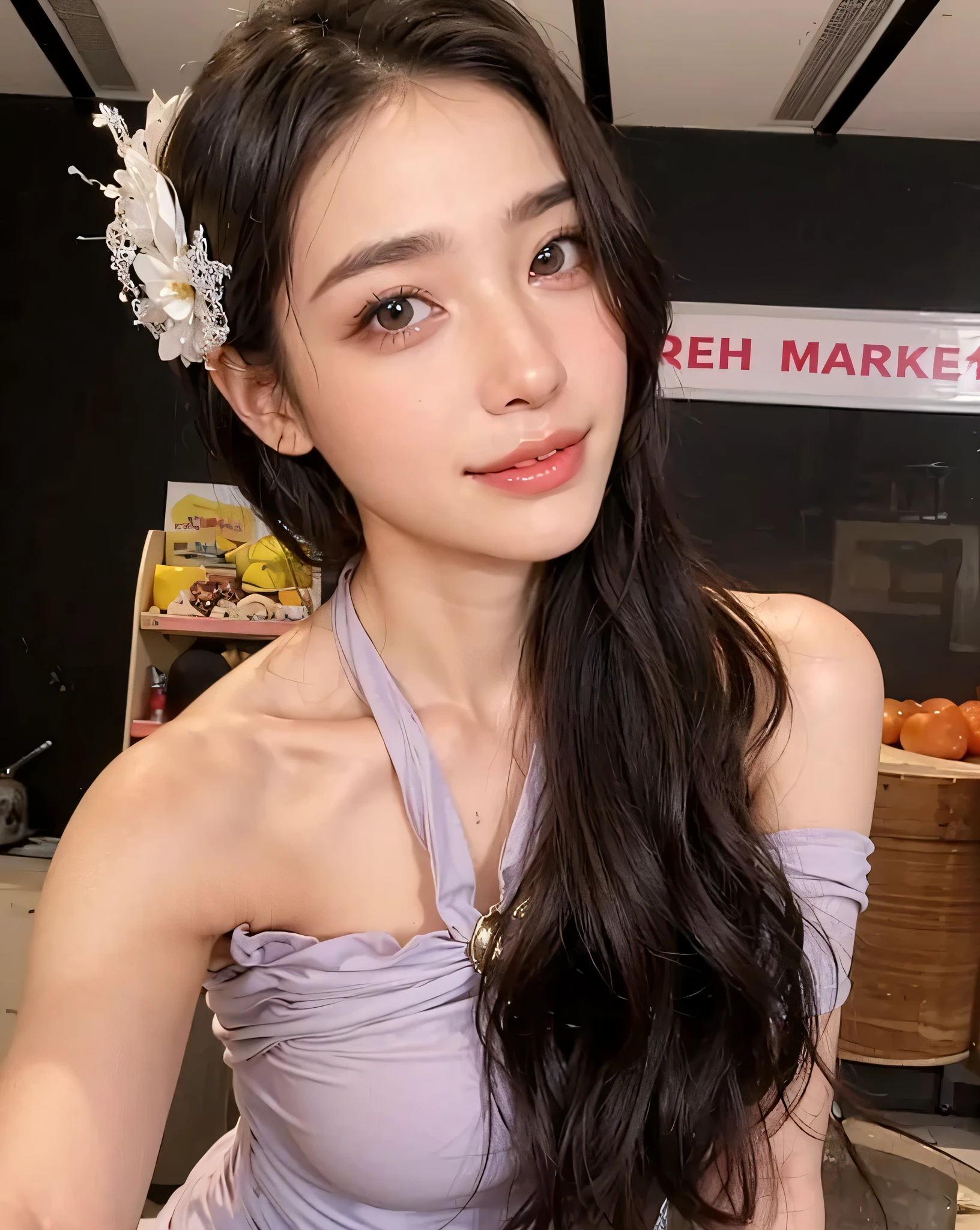 Arafed Asian woman wearing a purple flower necklace and a necklace., her face looks like an orchid, heonhwa choe, hermosa joven coreana, jinyoung shin, hermosa mujer surcoreana, sakimichan, hermosa joven coreana, ulzzang, jiyun chae, lee ji-eun, lee ji - eun, sun yunjoo
