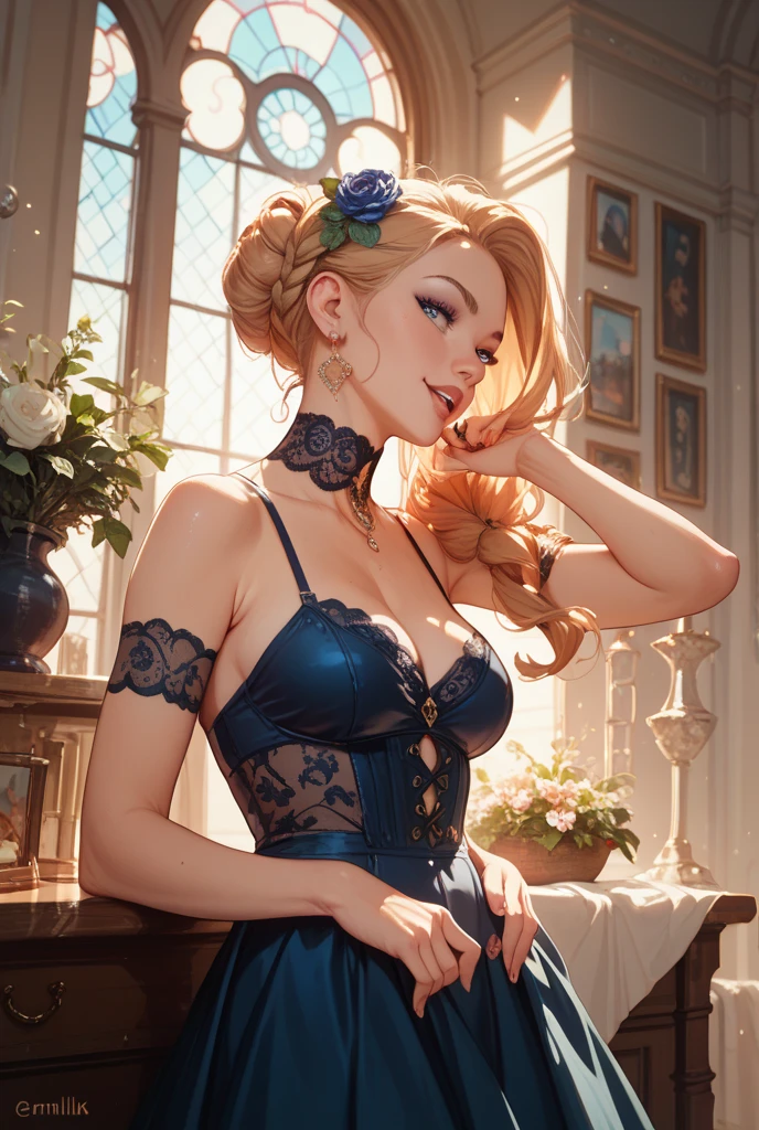 Anime style, Painting, absurderes、perfect anatomia、Lucy、wearing luxury gown , hair ornament, necklace, jewelry, restaurant scene, Masterpiece, RAW Photography, 8k, Top Quality, Fine Pore, Photorealistic, Ultra Detailed, (high skin detail:1.2),Extremely detailed,Intricate, sharp-focus, lynette, arms behind back 