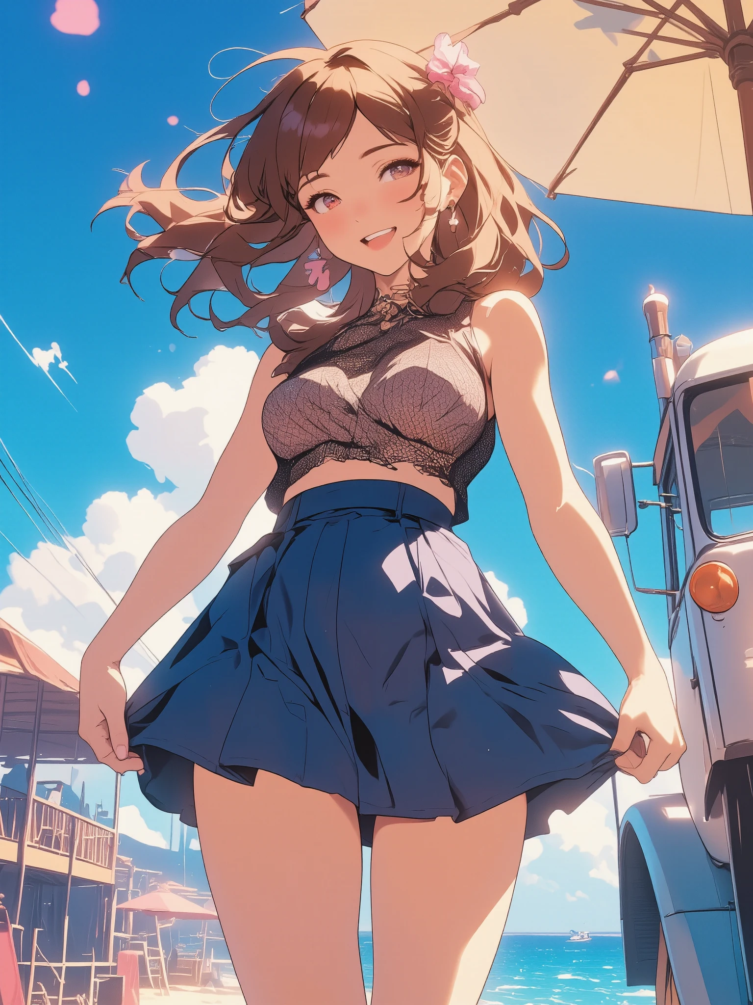 skirt, mesh crop top, amerian girl, medium breasts, sexy style, casual dress, legs, (strong wind, aerial hair and clothes, the wind blows her skirt up, outdoor, summer beach, parasol, vehicle, strong sunlight, blue sky, ocean, vacation, open mouth, raise thigh, deep-blush, playful smile,