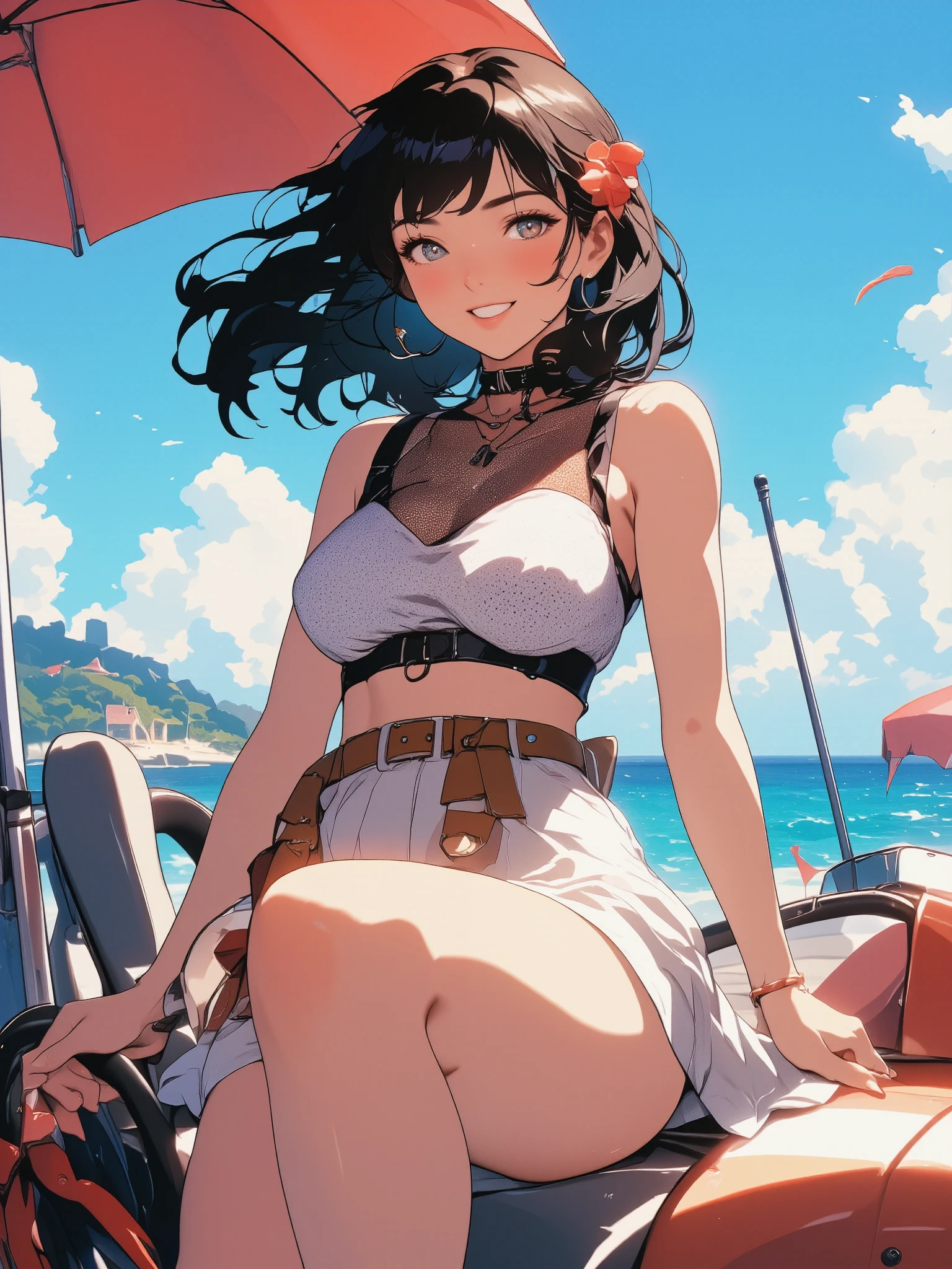 skirt, mesh crop top, amerian girl, medium breasts, sexy style, casual dress, legs, (strong wind, aerial hair and clothes, the wind blows her skirt up, outdoor, summer beach, parasol, vehicle, strong sunlight, blue sky, ocean, vacation, open mouth, raise thigh, deep-blush, playful smile,