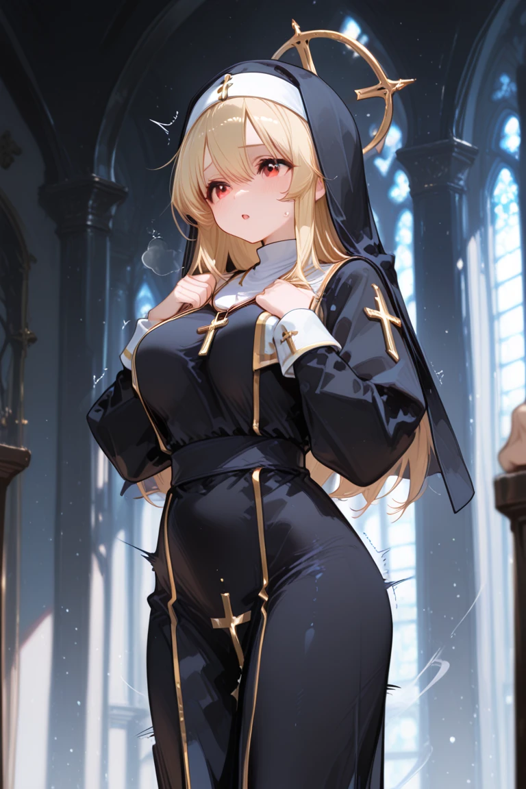 (8K、Top image quality、top-quality、​masterpiece)、A detailed face、1 girl in、a blond、blunt bangs、Gray eyes、smil、large full breasts、black nun、Praying hands、((long skirt))、shiny、side slit、pantyhose、cowboy  shot、((church background))