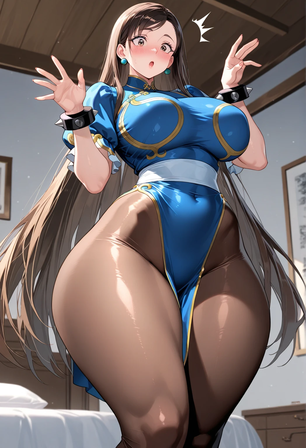 ultra-detailed, Explicit, Beautiful body, Beautiful Nose, Beautiful character design, perfect eyes, perfect face, ultra highres, 4K, beautiful legs, perfect legs, Nice hands, Perfect hand, Masterpiece, Best Quality, Highly detailed, illustration, absurdres, street fighter, doll suit, shadaloo doll, dollsuit, expressionless, blank eyes, looking at viewer, red gloves, emotionless, black latex, corrution, mind control, female combatant, full body, hypnotized, unhappy trance, full body suit, ribbed bodysuit, both arms at side, obey, perfect female body, extremely glossy latex, hypnosis, hypnoLora, empty eyes, Mind control device, poses, submissive_pose, Slave, hat, necktie, stand up straight, standing, standing at attention, hat, necktie, belt, latex, ribbed bodysuit, thighhighs, garter belt, Fighting Stance, extending the right arm from the shoulder into the air with a straightened hand, nazi saluting, military, military saluting, salute, thigh boots, 1girl, Falanya Elk Arbalest, Tensai Ouji no Akaji Kokka Saisei Jutsu, brown hair, long hair, hair bun, ember eyes