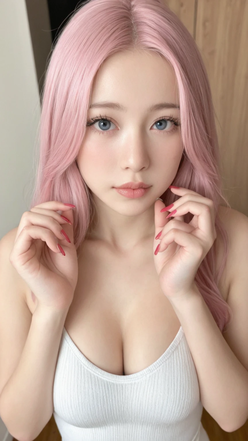 Browsing Caution,(highest quality:1.2), ,In 8K, RAW Photos、nude、?????、Push your chest up、tight waist、Large Breasts、Pink nipples、Shooting from above、Platinum Blonde Hair, (blue eyes, , :1.2), Upward Gaze、A wistful look、Open your mouth、Sweaty body、An excited look、blushing face、kneel、Quite large breasts、Cleavage、Red underwear、Whole Body Ezbian, Stunningly beautiful girl, A clear aura,Face Light, Professional Lighting, Cinema Lighting, Detailed face, Background bokeh