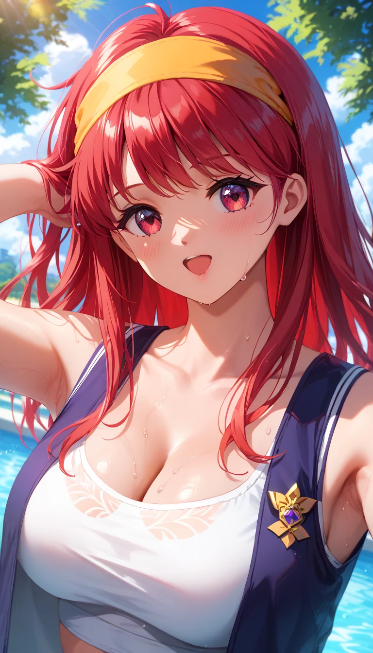 [big boob], cleavage, sheer blouse, see, bikini, flower, sweaty, cute face, small face, summer, long hair, red hair, pony tail, girl, sweaty, blue ocean, blue sky