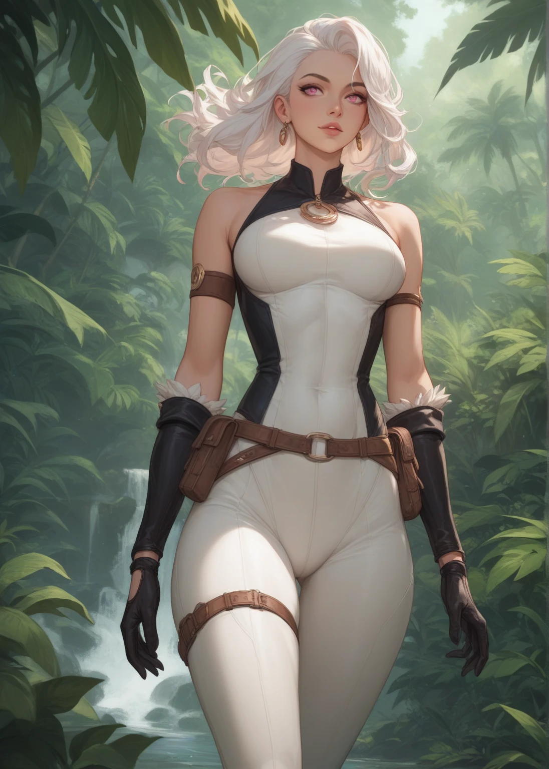 kaine_(nier), very detailed, relaxing under a tree, peaceful, walking in a forest, leaves falling, atmospheric, masterpiece, dickgirl, penis under clothing, futanari, crotch bulge