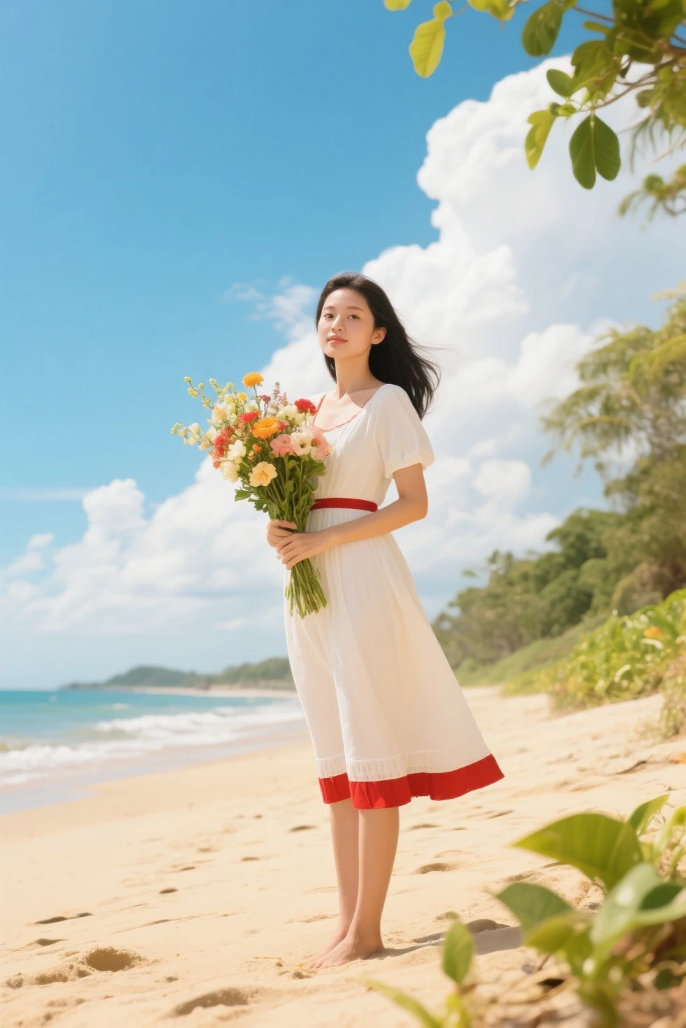 8K, best quality, masterpiece, three-dimensional feeling, female student, raised sexy, looking at the scenery, Chinese face, cute, delicate facial features, with long black hair a little curly, being red in the face, white skin in red, beautiful legs, medium height, with a good figure, super long white summer dress with short sleeves, the wind lifting the dress, medium breasts, looming, there is sweat, the whole person is out in a field of flowers, on vacation, sunglasses, a hand holding his straw hat, hat hiding his head, the background is real, with the whole body visible, profile shot, photo taken from afar