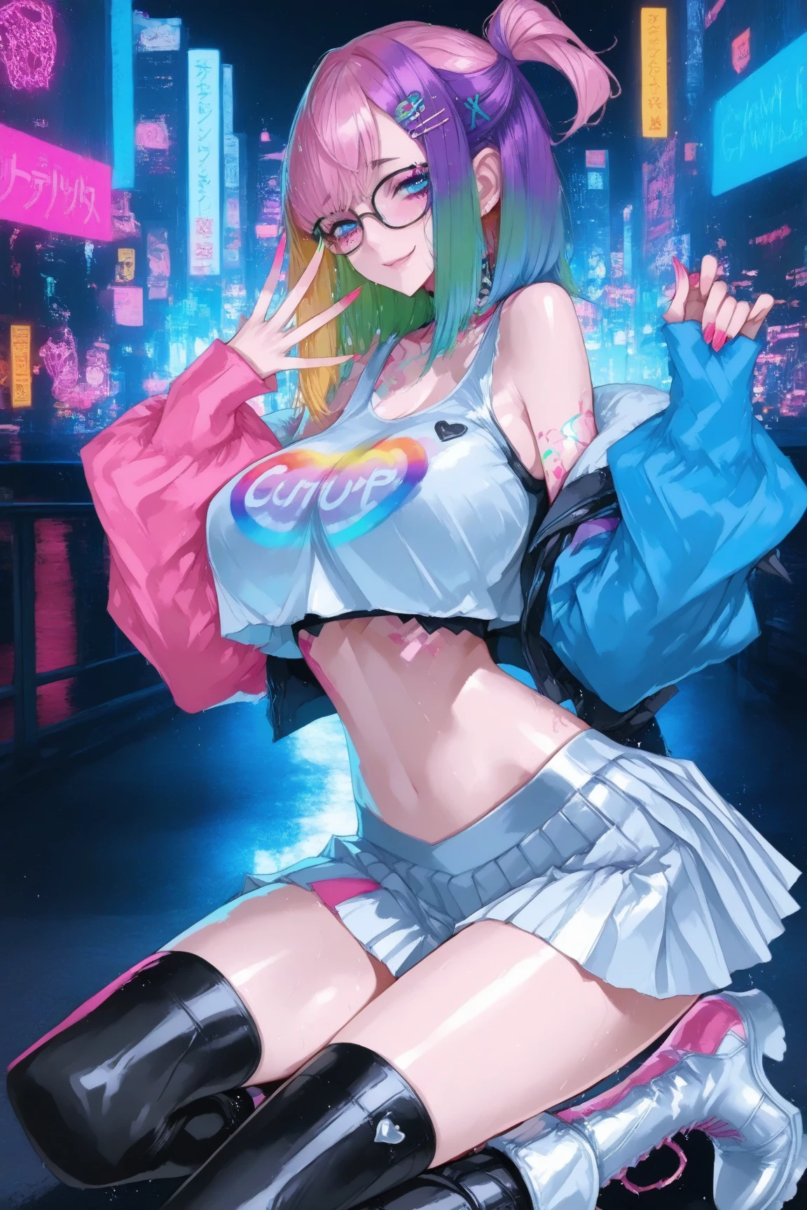 ((Masterpiece)), best quality, absurderes, ultra detailed, holographic, cowboy shot, super cute girl, mature girl, super beautiful asian girl with very beautiful violet glowing eyes, beautiful glowing white multicolored hair, nice and sexy body, slim body, perfect body, wearing super tight anime printed boxers, an anime printed super tight shirt, super aesthetic pink jacket, looking to a glowing mirror, seeing a different version of her from other universe