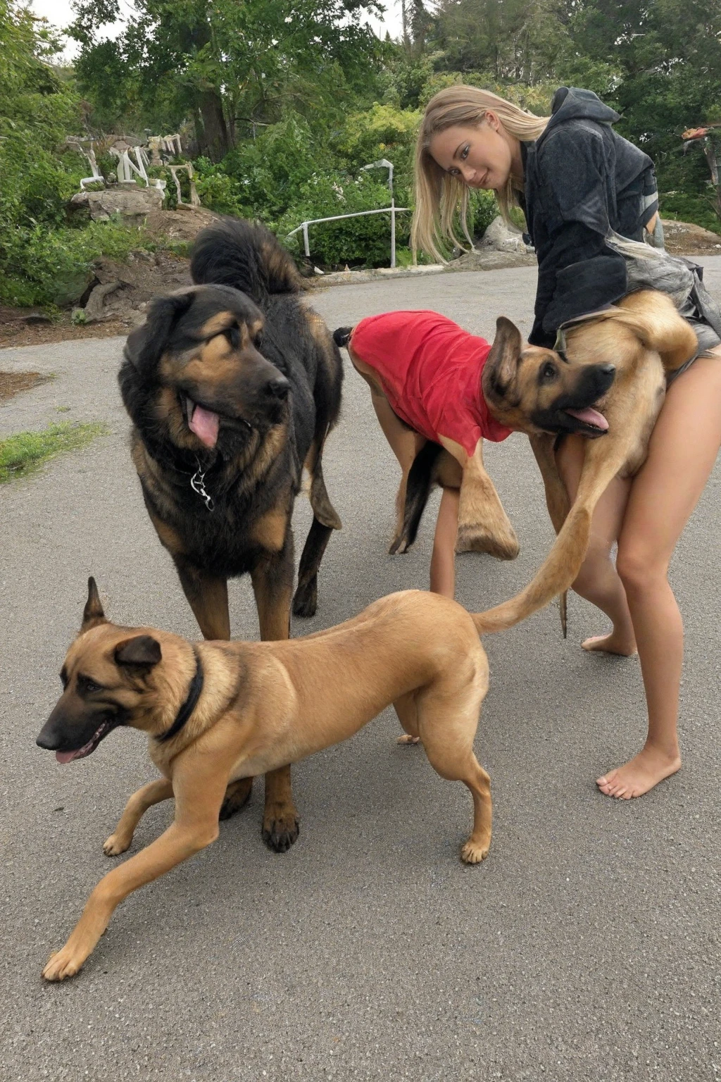 NSFW (nude) (Nami ((human)) large breasts, strip of pubic hair) rear view, fucking male furry Rottweiler with knotted penis, full body, on a deserted beach
