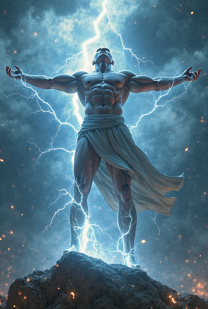 a statue of zeus, dynamic pose, standing on a rock:0.3, (with lightning in the background:1.4), (3/4 view), Clint Cearley, arnold render, a marble sculpture, (cinematic:1.4), slate gray atmosphere, hyperdetailed, soothing tones, insane details, low contrast, (((full body))), (centered), stormy sky, epic sky, volumetric lighting,
