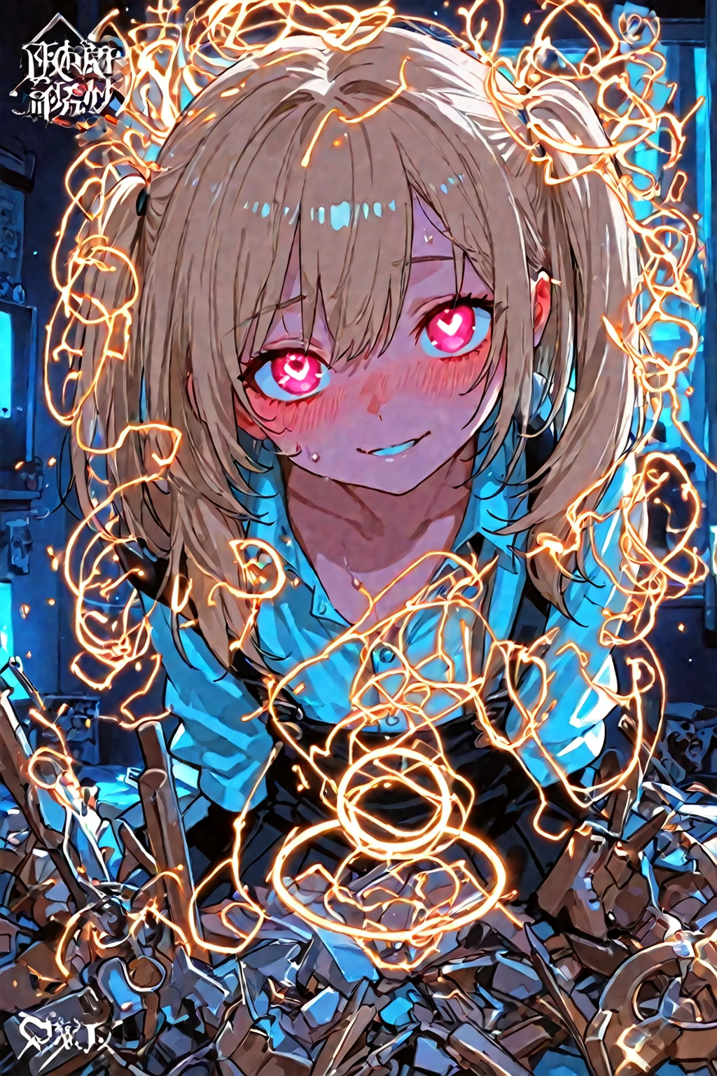 master-piece, idyllic, beste-Qualit, high-res, 1girls, ((bara)), painting, Blonde, danger,Vibrant Eyes,(yellow eyes), bara, , mesmerizing eyes, Neon, Grinding, Scary smile, madness, Multifaceted, umbrella)) Close relaxation,cyberpunked, digital artistry, high-detail, present, intricate, perfect face, Track Lights, Backlight, Scary, (), Mr. Use, Blood, Divide movies , Backlight, Vibrant Eyes, artistry, wallpaper, futuristic clothing, serve, Superior split, long-haired, Absurd, Crazy smile, Hyperstylish V6, power \(CSM\), Pictographic pupils