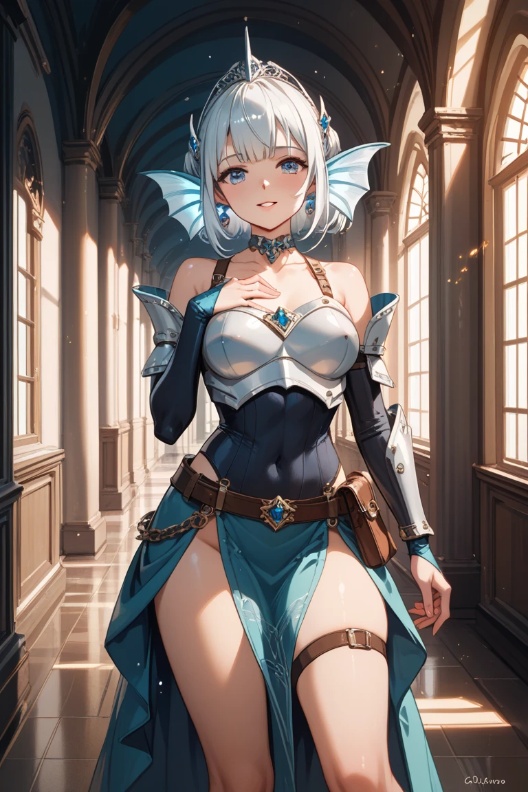 World of Warcraft style,Cute elf girl,Sit in a bright interior,slenderness,With Ultra HD details,Professional lighting and lighting。Short silver hair with decorations,Tall and sexy,Delicate stockings,Sexy mature clothing,From her delicate face and hair to the sparkle in her ultra-delicate eyes,Render it all,Great attention to detail。 A long-handled weapon in his hand,A pair of delicate earrings,Delicate necklace,A light breeze,Highly rendered longsword,Brighter scenes,More refined facial features