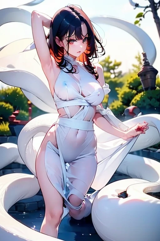 (Background with:ponds,Cherry blossom forest,lotus flower)Lie underwater, She has short black hair,seen from the front,, mostly cloudy sky,(((tmasterpiece),(Very detailed CG unity 8K wallpaper),best qualtiy,cinmatic lighting,detailed back ground,beatiful detailed eyes,Bright pupils,Black eyes,Snow-whiteskin,Redlip(Very fine and beautiful),(Beautiful and detailed eye description),ultra - detailed,tmasterpiece,))facing at camera,A high resolution,ultra - detailed),revealing breasts,Bare genitalia, Bulge,legs are open,Raised sexy,Camel toes,Desire for dissatisfaction,frontage,(Wearing:,Transparent maid outfit,Bare ,Transparent apron,Blue and white color scheme)Iron Man uniform,.sexy pose,detailed face, detailed eyes, detailed hands, colors, sexy pose