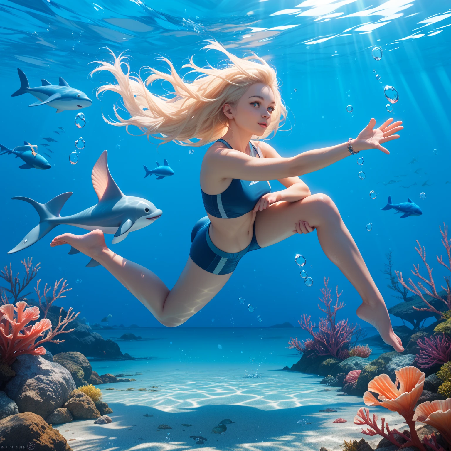 A middle school asian girl in a pale skin,(( sparkling gray eyes)) (( long hair )) ((wavy blonde hair towards ocean current)) ((A cup breast)) (( perfect anatomy full body )) nipples hard erect, wearing transparent two piece bikini, wearing transparent g-string underwear, snorkel diving shoe fins, camera shoot view is a bottom between of her two feet (( showing open legs)),((exposed pussy line))skin texture glows from light reflecting ocean, light reflected by the moon, glowing blue from above surface rays swimming at the bottom of the bright ocean, waves, she smiles with teeth showing as she exhales air from mouth,. Clear bubbles rise upward from her mouth. Her dark blonde hair spreads and flutters in the water,  sunlight radiate through her body. The bottom of the sea is corrals with peeking out in places, a few seaweed, crabs, sea urchins are visible. Fantastic digital art with a realistic, photographic atmosphere.