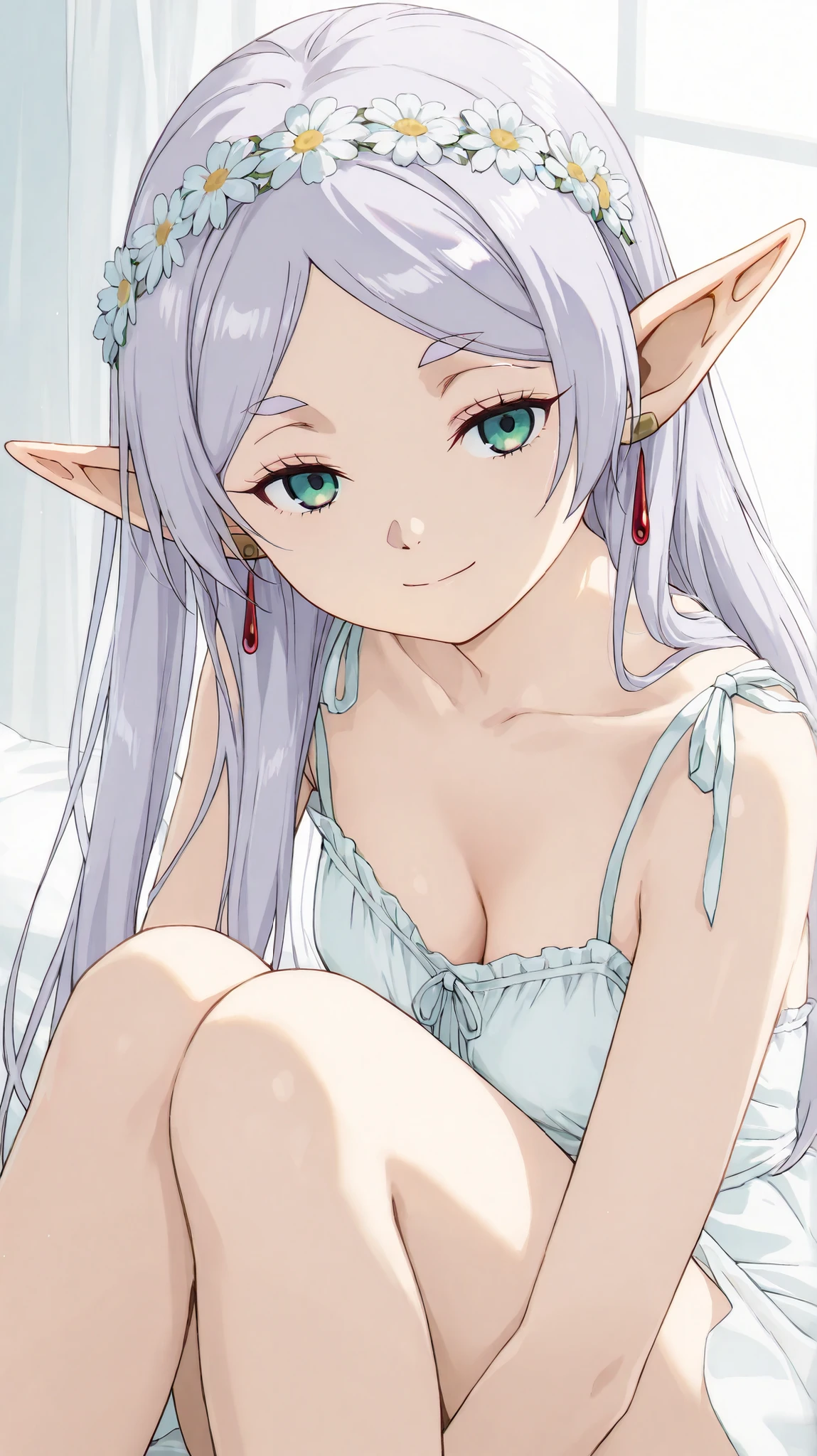 Frieren from Sousou no Frieren, upper body portrait from thighs up, close-up shot, sitting in a soft pose with her legs to the side, looking gently at the camera with a subtle and seductive smile, long silver hair cascading over her shoulders, elf ears, fair and smooth skin, wearing a short, tight white dress made of thin, slightly translucent fabric, low-cut neckline showing cleavage, soft natural folds in the fabric hugging her body, adorned with a floral headband made of white daisies, prominently visible on her head, pure white background like in a studio, soft ambient light, clean anime style with high detail, gentle shadows and natural lighting, elegant yet sensual atmosphere