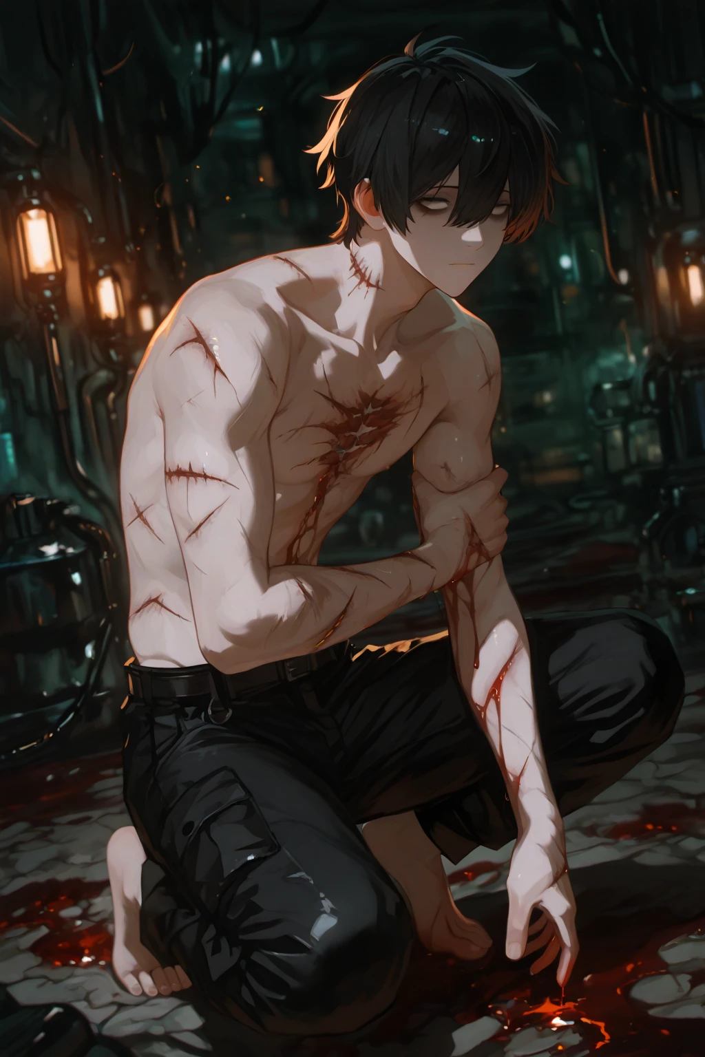 (8K, RAW photos, best quality, masterpiece: 1.4), (((The upper body is flesh and blood, The lower part is mechanical))),Ultra-high resolution, Extremely detailed, light, Full body close-up, handsome boy, black eyes, (delicate eyes, Eyes are bright:1.2), Gray short hair, Fair skin,dark,(perfect anatomy:1.2), High-quality shadows, Natural Lighting, (White highlights:1.2), night, cloudy day, (at home:1.2), (Mechanical prosthesis:1.2)