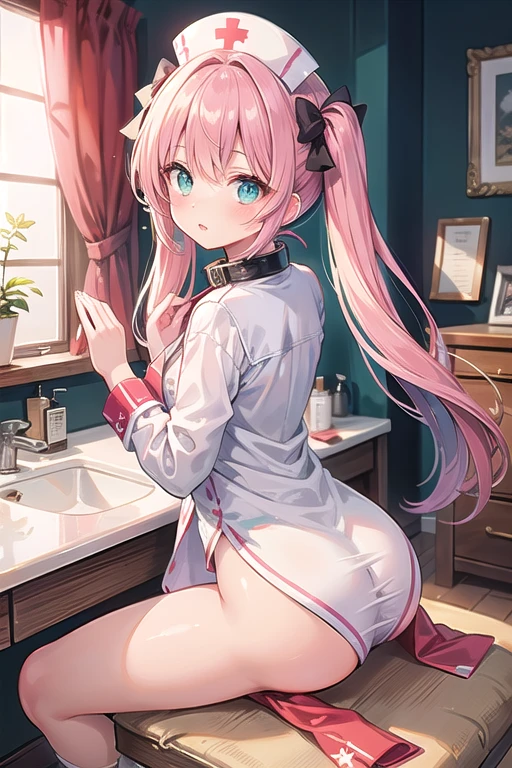 (masterpiece、top-quality、ultra-detailliert)、((1 girl))、((Pink hair twin tails))、light blue eyes、evilsmile、piercings、((very Bigger breasts))、pinkbra、Turn your back、Turn your butt、pink thong、Pull down half of your pants、cowboy shot、Taken from below、Bathroom background