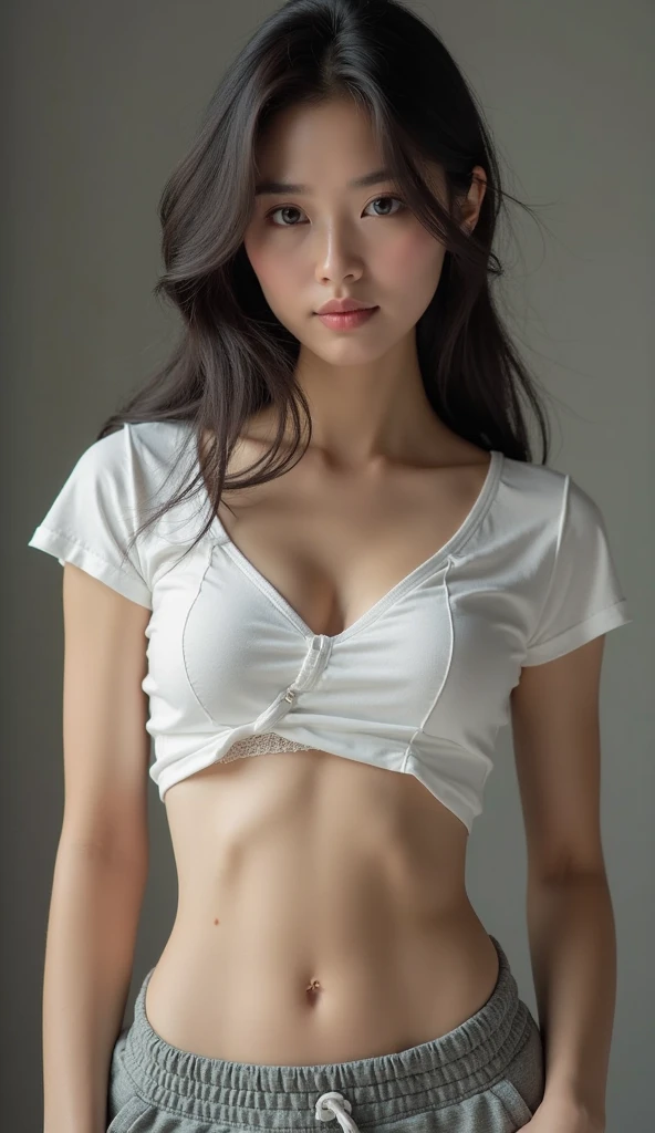 Top Quality, Masterpiece, High Definition, 8K, (Real: 1.4), Ultra High Definition, 1 Girl, Ultra Detail, Surreal, High Definition CG Illustration, Official Art, Cinematic Light, Reality, Young Beautiful Girl, Perfect Figure, Perfect Figure, Full View, Perfect Body, (from 1.3), Pose, Sexy Long Legs, Confident, Beautiful Sexy, Gray short sleeves with wide open chest, open abdomen, white super shorts, S-shaped body, upturned hips, various perspectives