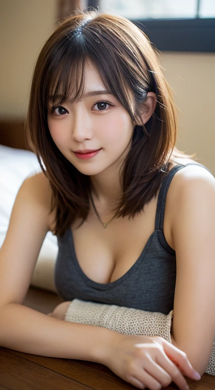 （Genuine， High resolution：1.3）， One girl with perfect body， Very beautiful face and eyes，Long Hair，mini skirt（You can see inside her skirt）， Big Breasts，Exposing cleavage　Angle from below