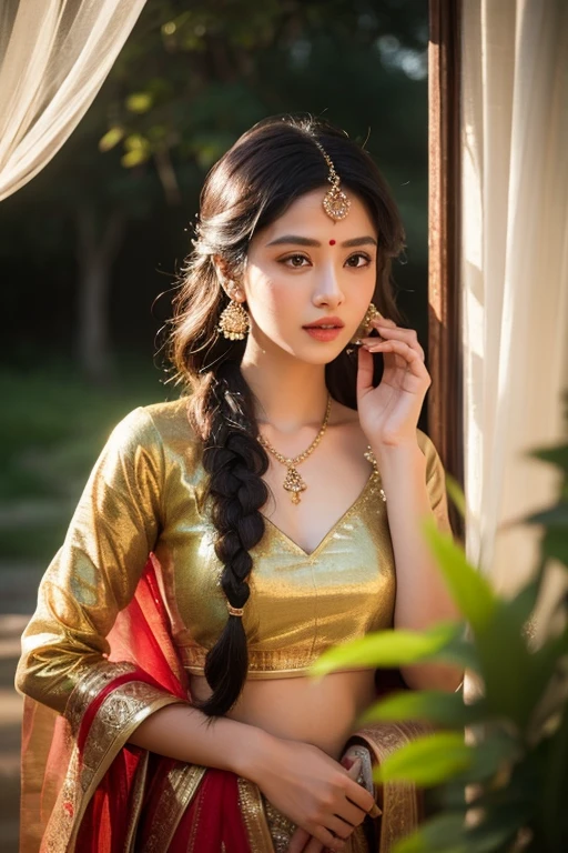 24-28 Years Old indian female fashion mode,white skin,dressed Sari, jwellery waist, bindi,Happy expression on face,at the super market,backlight, extremely realistic, 8k, insane details, intricate details, cinematic color graded,Color Grading, Editorial Photography, Photography,sharp focus, taken with a 60mm lens, ISO 300, f/4, 1/200th