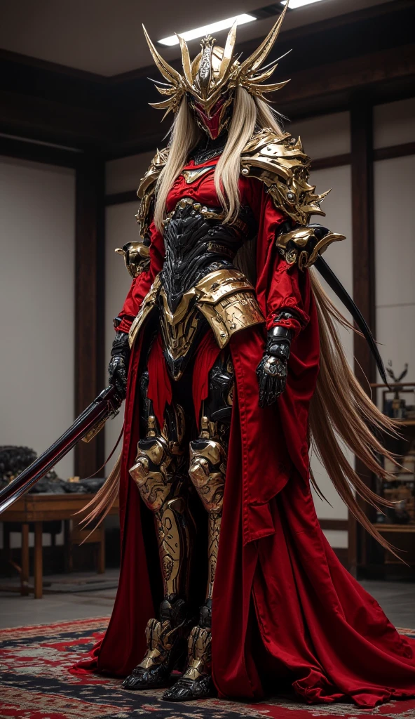 Chinese female general Hua Mulan，Saffron Hu suit lining，Detail the eyes，Crimson cape，Gold metal breastplate，golden helmet，battlefield background，majestic，Smile（open mouth）（The corners of the mouth are raised），Leather tunic，Knee armor，full-body shot，red metal headband，light blue hair，Hair bun raised high。wild wilderness background