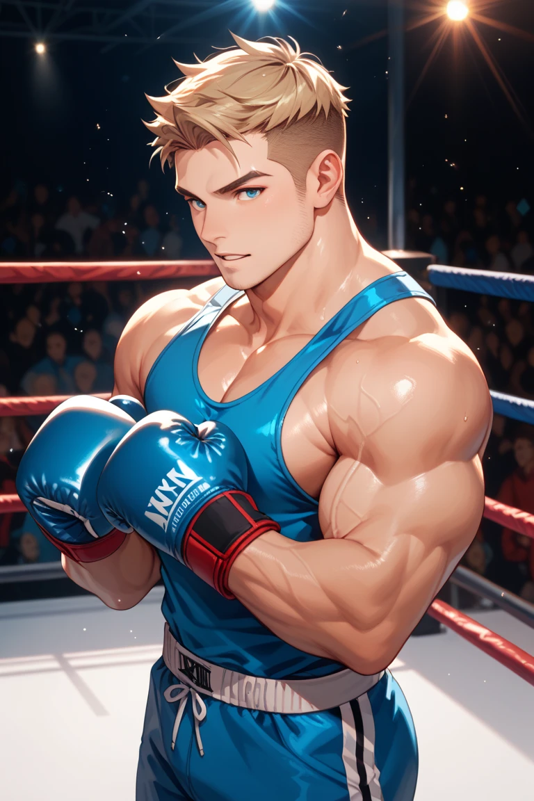 highest quality, 8K, high resolution image, anime style Jujutsu Kaisen, detailed strokes, (dark skin), bored look, blurry, purple light reflecting from it, (close angle), 1 man, male, model, cool guy, athletic type, multicolored background with different geometric shapes, around stickers, muscular, light blonde hair, mint colored eyes, short hair, light blonde spiky hair, puffy chest. He wears dark gray boxer shorts and boxing gloves, strong muscular build, confident expression, fighting stance, shaved body, gold link chain, background: Large hall, boxing event, he is in the ring, against a dark background, HDR lighting, bright colors, photorealistic effect