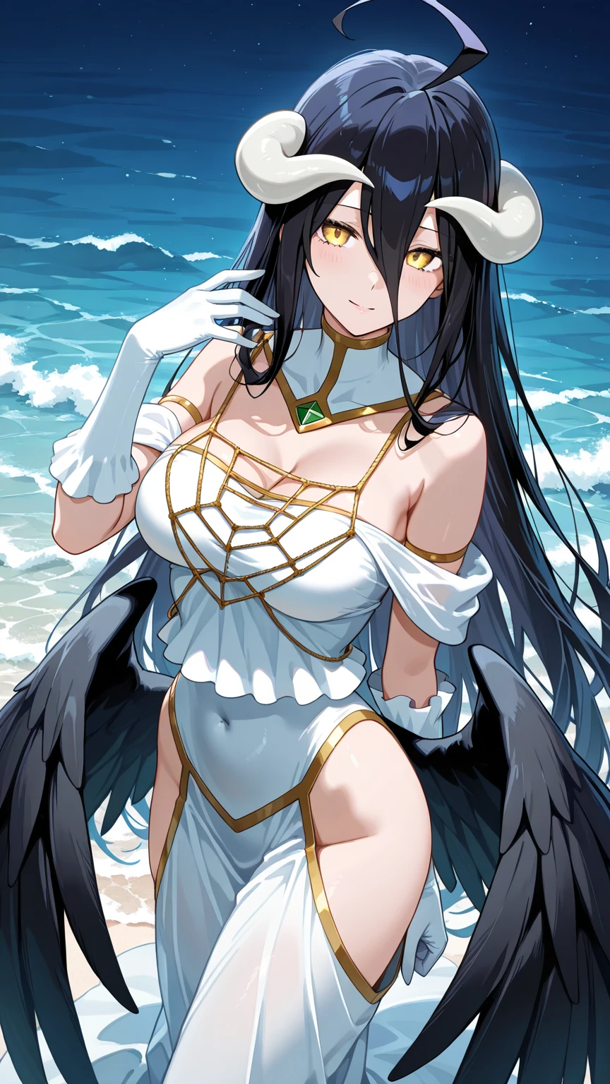masterpiece, best quality, highres, al1, demon horns, slit pupils, white gloves, white dress, bare shoulders, detached collar, cleavage, black wings, feathered wings, low wings, cowboy shot, outdoors, filed