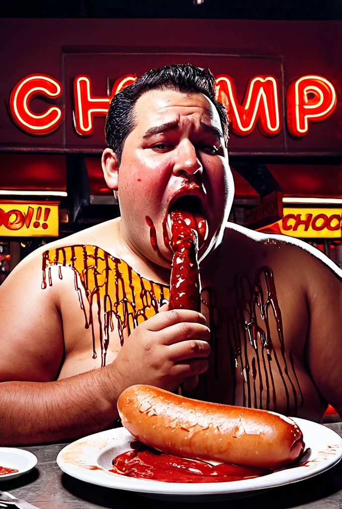 Giant fat black man eating three hot dogs sitting on a throne with 2 giant ketchup bottles next to him while mayonnaise is praying to him 