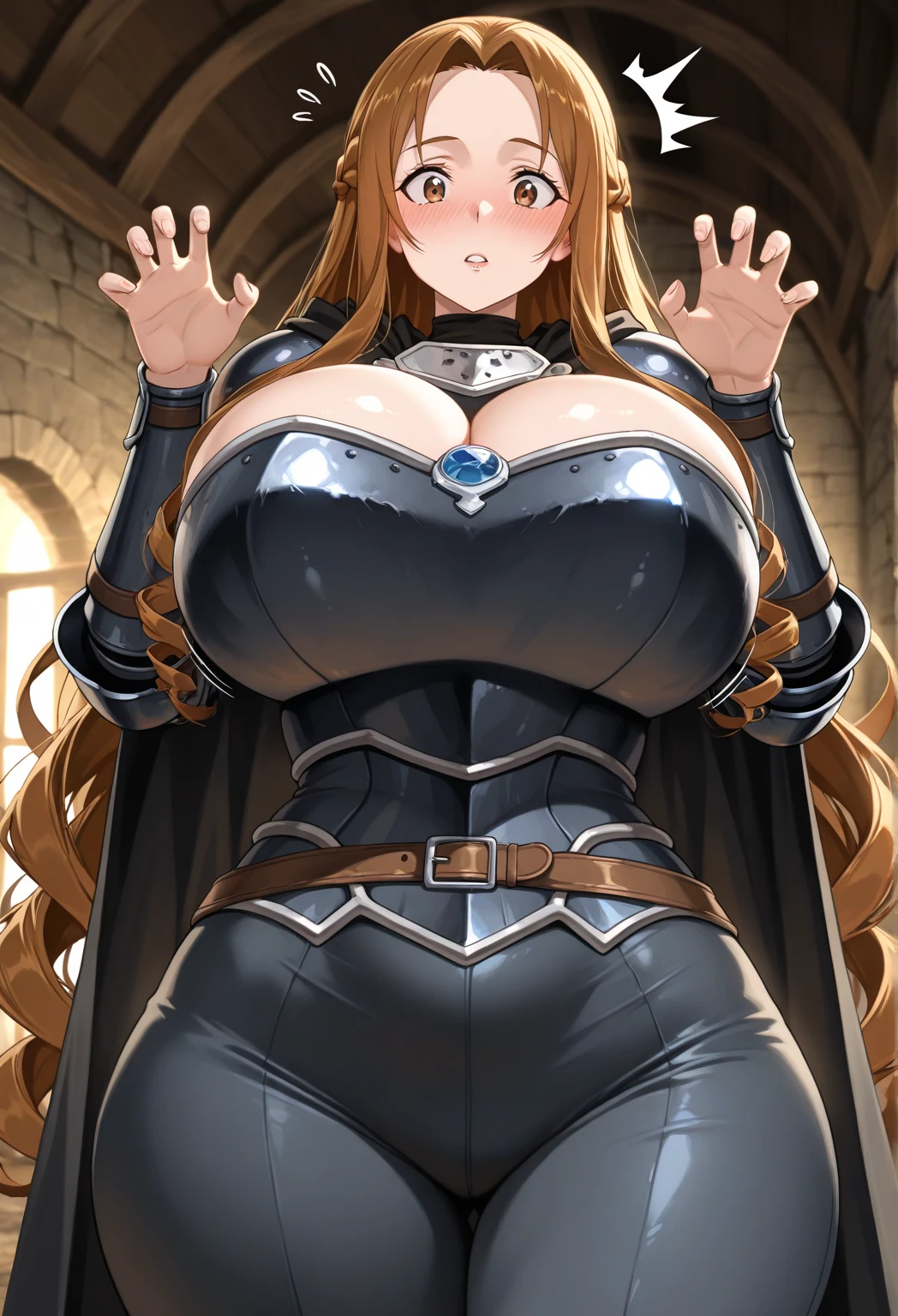 masterpiece, best quality, absurdres, 8k, perfect shadows,perfect lighting,hdr, cowboy shot,shiny skin,skindentation, beautiful body, NamiFinal, ((light brown hair: 1.4)), long hair, green eyes,  (crop top, underboob, elbow gloves, thigh boots, split skirt, bare shoulders, curvy, midriff, curvy, thighs, higheels, shiny clothes), complex detailed background, inside, luxury palace) (gigantic breasts,hourglass body, thin waist,very slim waist)extremely detailed face,detailed eye makeup, detail face, nice detailed eyes,nice hands, perfect hands (realistic pupils,realistic iris:1) heavy eye makeup,glowing eyes, Bright eyes,standing,standing at attention,(seductive smile), gigantic breasts, curvy