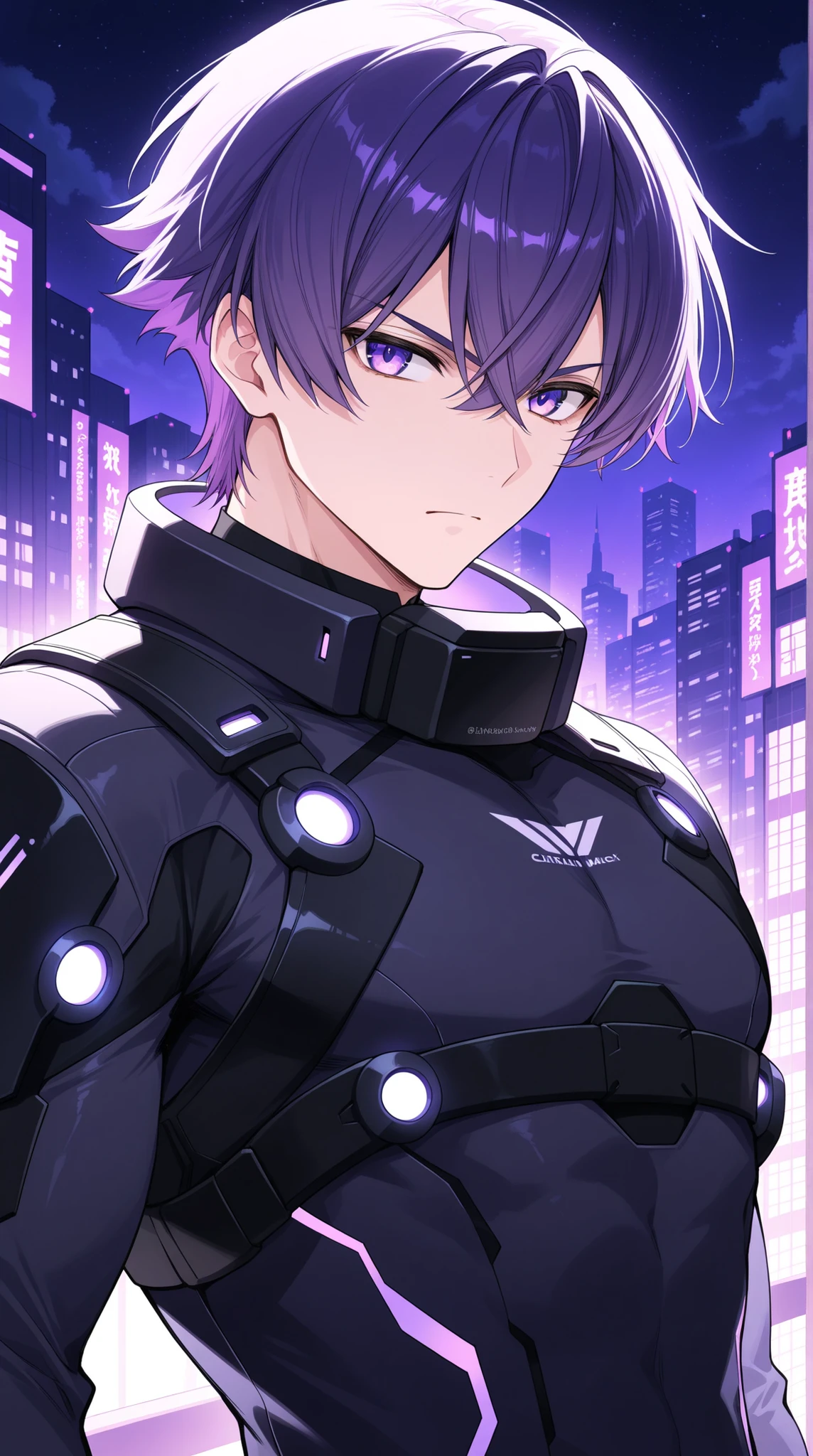 anime handsome man，purple haired，purple eyes，black tech gear，Serious expression，night，black tech wall，purple light city background