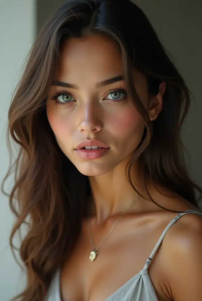 Arafed woman with matching tank top and panties, fille sexy aux yeux bruns, Portrait Sophie Mudd, cheveux bruns et grands yeux, selfie of a young woman, Violet Myers, sans maquillage, maquillage naturel, looking straight at camera, Visage avec Artgram, Maquillage subtil, Superbe photo du corps entier, dans une boite de nuit, clivage