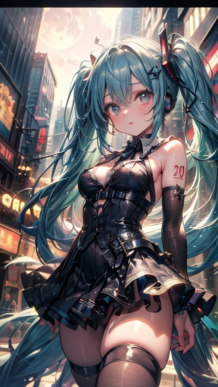 top-quality,in 8K,masterpiece,highly detailed,Impressionism,Photorealsitic,deep-shadows,blurry backround,Official art,ultra-detailliert,realisitic,Cinematic lighting, film grains,perfect anatomy,anatomically correct,depth of fields,elaborate design,solo,very sexy girl,Hatsune Miku,beautiful detailed droopy eyes,shy,blushing,slender body,tits,super detailed shiny skin,super detailed dark gothic costume,Half-naked girl,detailed skirt,in futuristic city,high buildings,midnight city,moon light