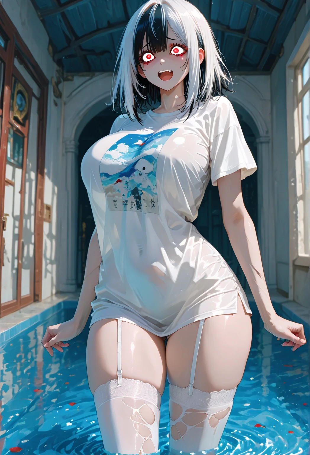 a masterpiece， Awesome， Viewer， reality，full body in shot，on knees， squat down， morena， length hair， Thorough， tall，Forced real water，White less cloth transparent minishirt，White transparent thong，swimming pool， RAWExtremely detailed， ahegao， roll your eyes， blushing， Water runs in the mouth，Sticky tongue， Vaginal rundown， Leucorrhoea， Very huge breasts， open the legs， Sexual arousal， sexual expression，Glossy skin。