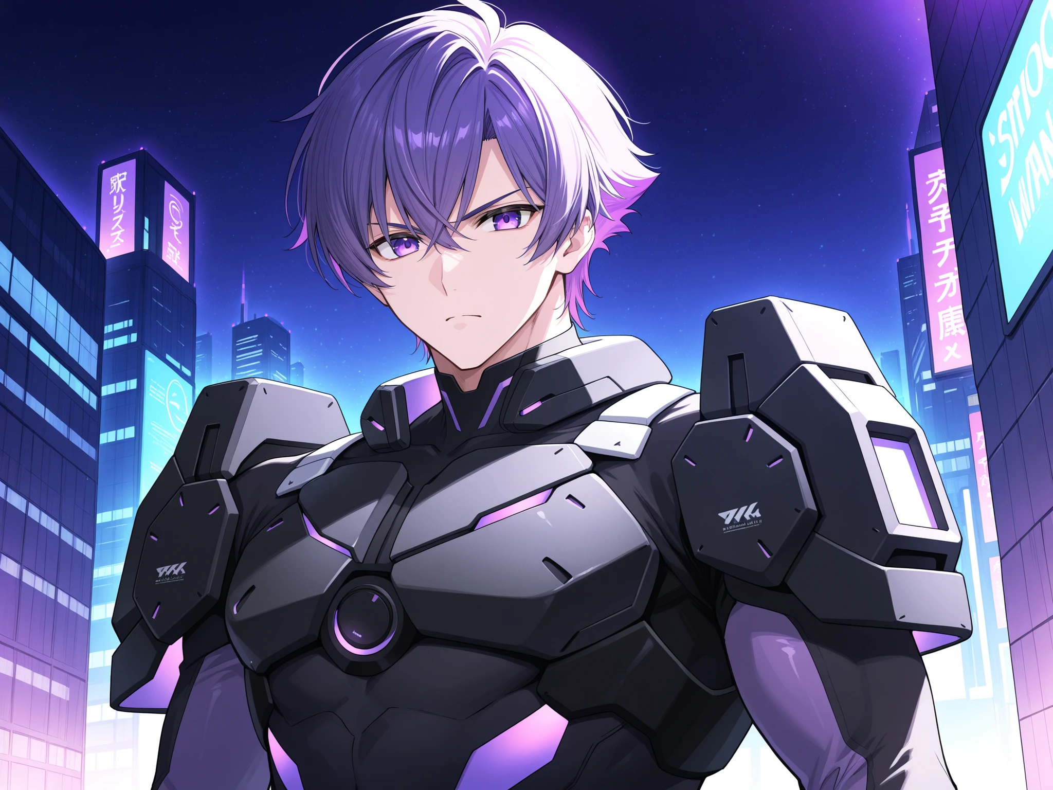 anime handsome man，purple haired，purple eyes，black tech gear，Serious expression，night，black tech wall，purple light city background