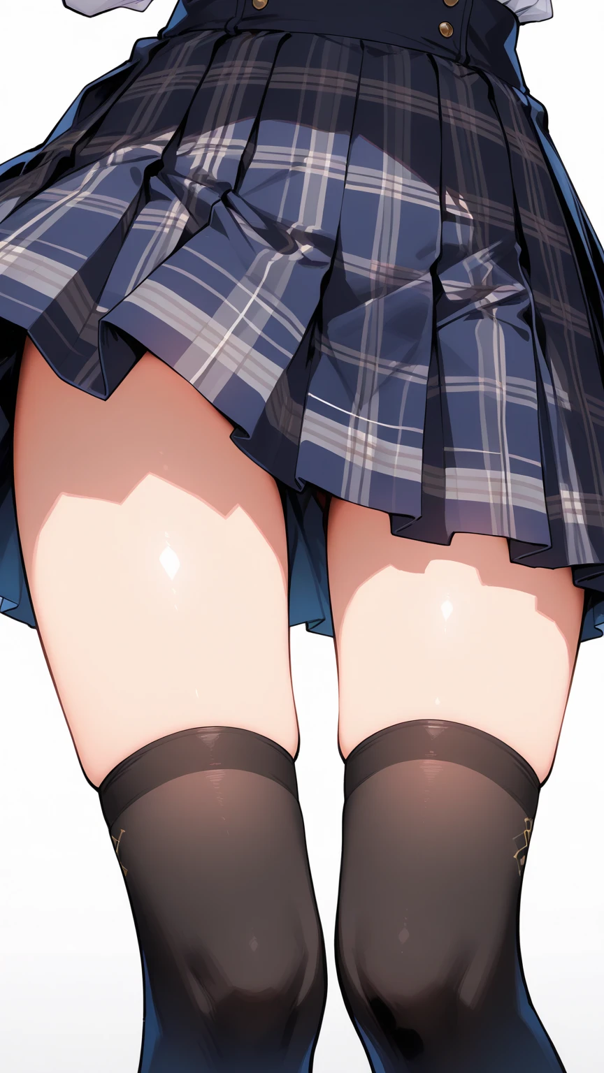 Anime Kawaii sexy Perfect Slim sensual body large breast and huge thighs, An intricate and highly detailed illustration of anime (Young girl red plaid miniskirt , shoes black , pleatedskirt , assassin , all-body , White sweater , black gloves , Stockings , GARTER BELT , Bblack hair , eyes black , slickedback hair , thicc thighs , all-body , standing posture , Face , close up