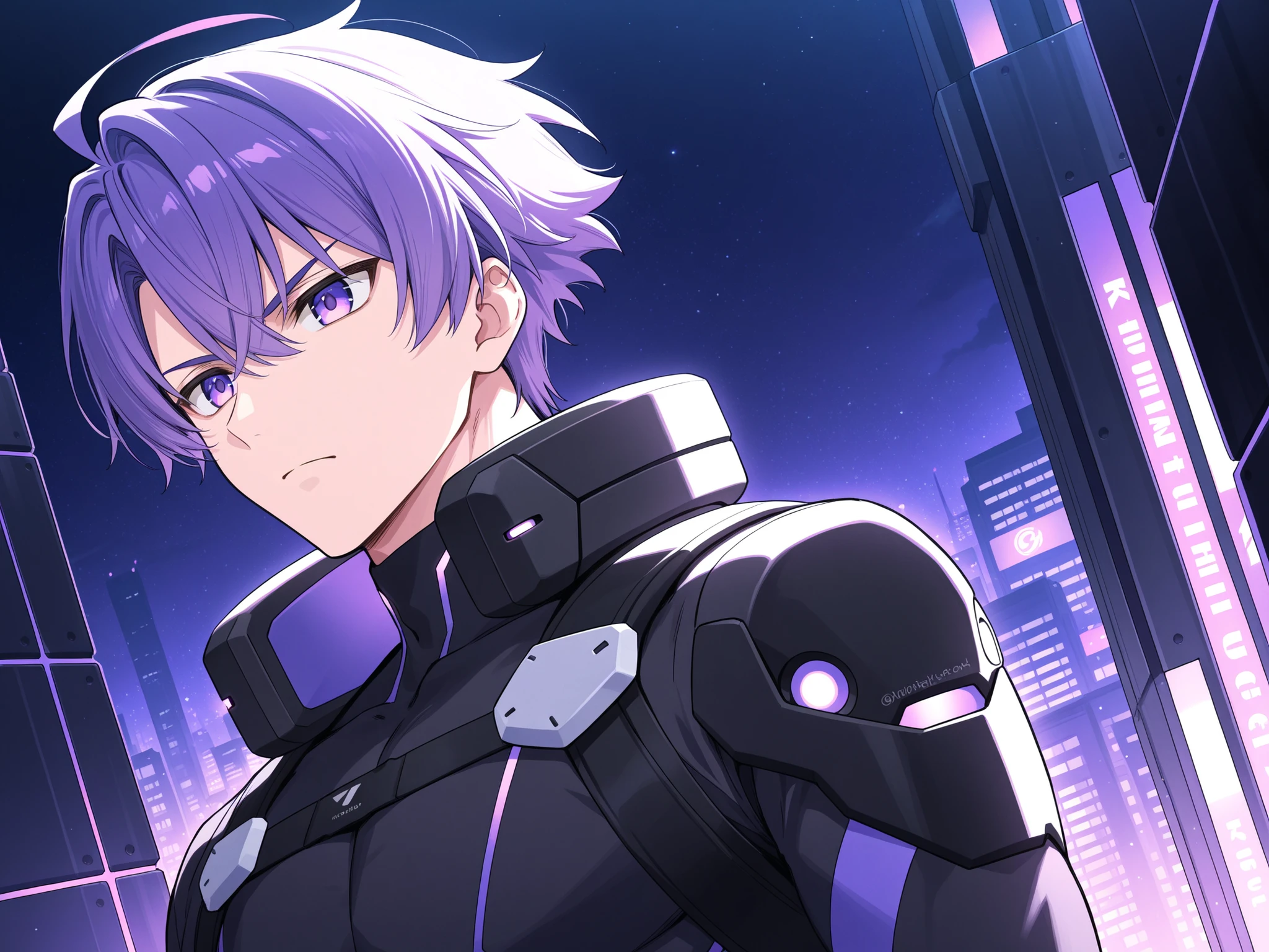 anime handsome man，purple haired，purple eyes，black tech gear，Serious expression，night，black tech wall，purple light city background