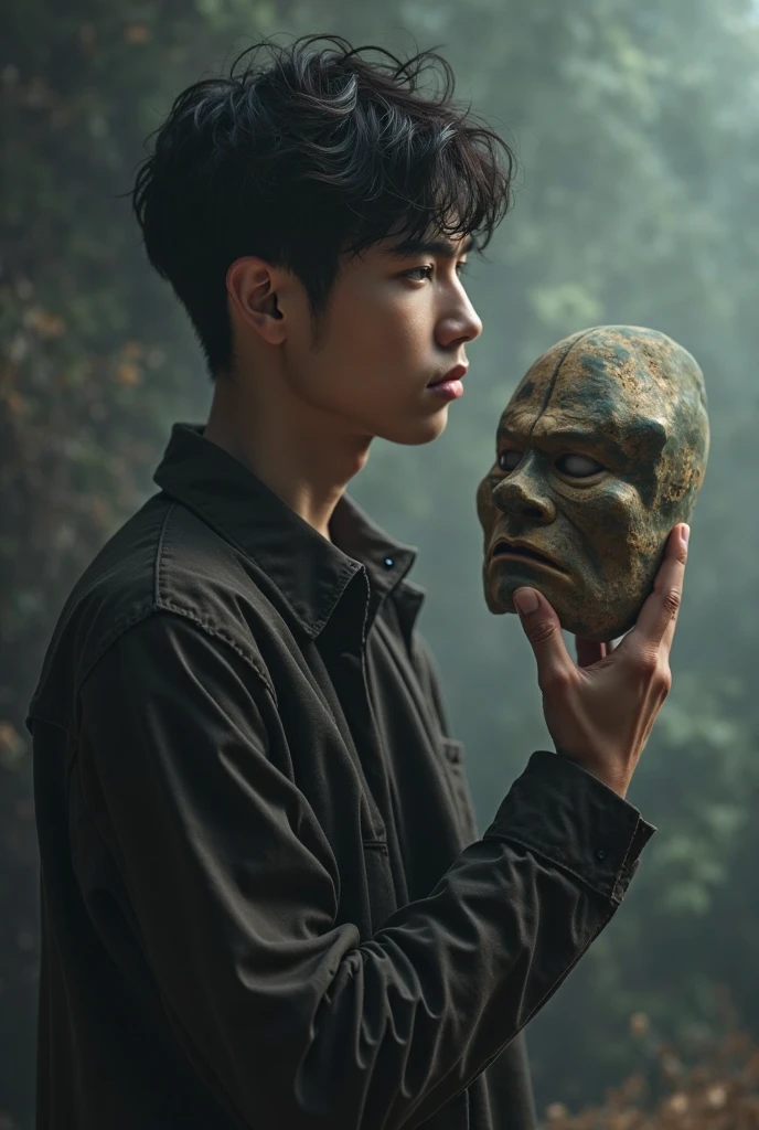 a young man holding a mask