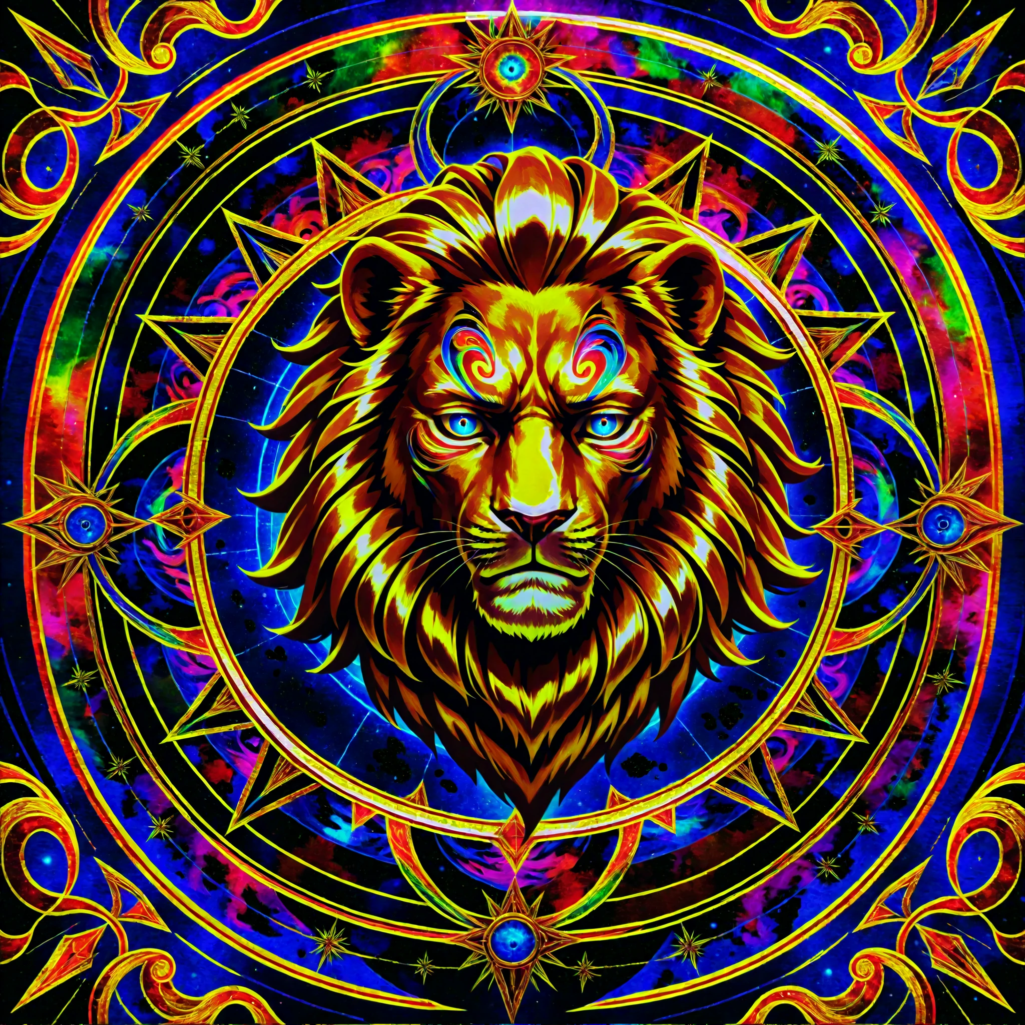 br_art,Lion Psychedelic Art, Dignity of the King of Beasts, style, Fractal Art, Lion with Colorful Psychedelic Faces,Heavy Expression,Dignity Poses,depiction of toe tips,Refined Fractal Patterns,colorful background,high resolution,Realistic,Ultimate Precision Picture,Strong Vivid,Professional Oil Painting,HDR,STUDIO LIGHTING,Superb color expression