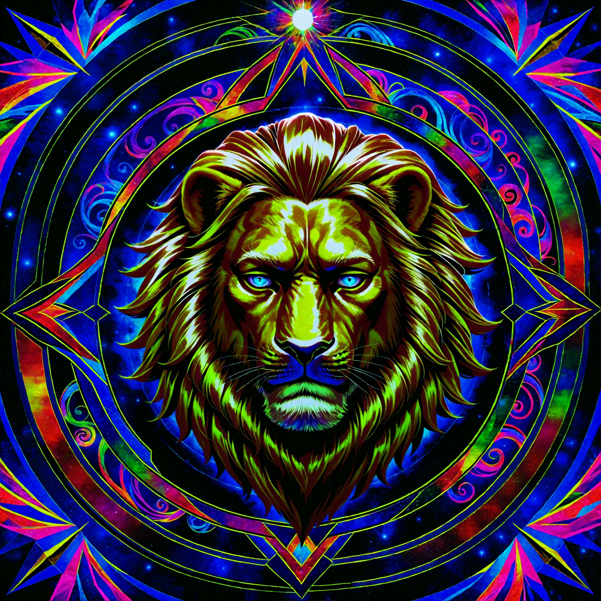 br_art,Lion Psychedelic Art, Dignity of the King of Beasts, style, Fractal Art, Lion with Colorful Psychedelic Faces,Heavy Expression,Dignity Poses,depiction of toe tips,Refined Fractal Patterns,colorful background,high resolution,Realistic,Ultimate Precision Picture,Strong Vivid,Professional Oil Painting,HDR,STUDIO LIGHTING,Superb color expression