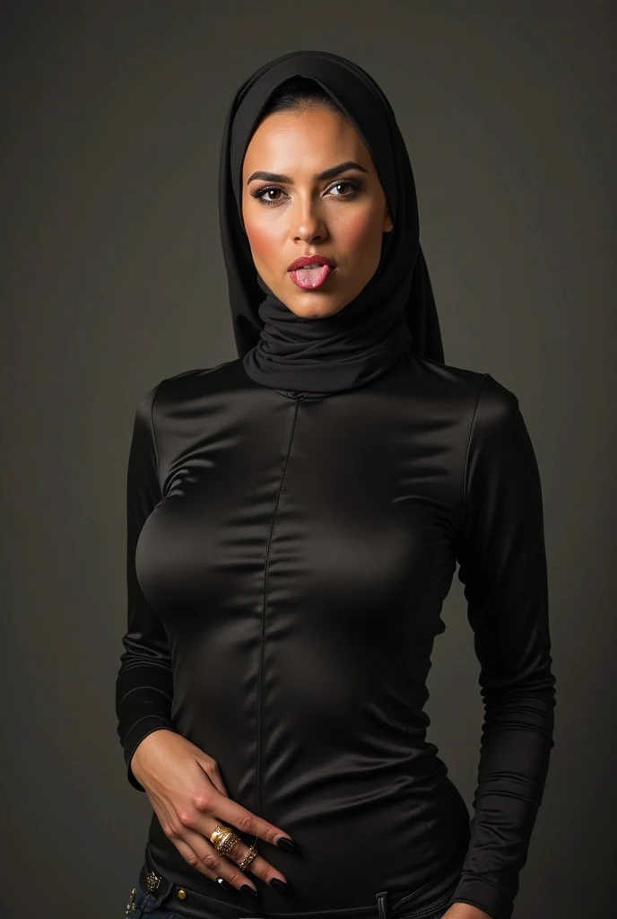 closeup portrait of a Glossy hijabi female upper body wearing a slick-lacquered blouse and a liquid-lacquered vest, also wearing earrings and a pearl necklace