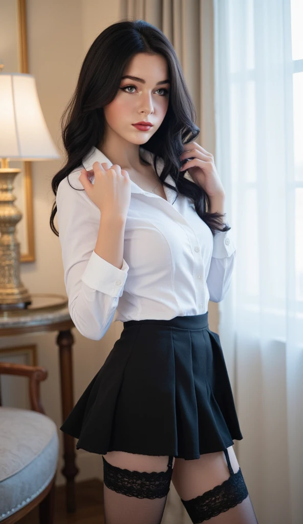 ultra realistic 8k cg, picture-perfect face, flawless, clean, masterpiece, professional artwork, famous artwork, perfect face, beautiful face, beautiful eyes, ((perfect female body)), solo,(immersive atmosphere, chiaroscuro:1.5,bright light:1.2,luminous lighting)
,,(blush:0.5),seductive expression,extremely detailed_eyes,thick thighs,large breasts,
beautifully detailed background,depth of field,realistic:1.3, long shot,1girl,shirt,pleated skirt, black lingerie, sitting, full body, 
(ambient light:1.3),(cinematic composition:1.3),(neon lights:0.1),(HDR:0.1),Accent Lighting, white pantyhose,