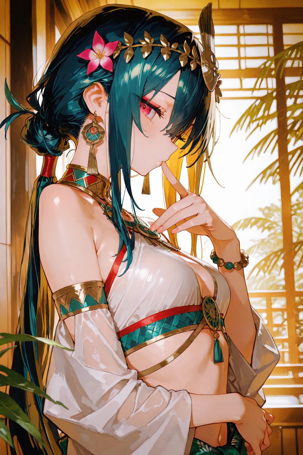 Ancient Japan mythological beauty of dance poses, free pose, Amanoi wat mythology, upper body is only a sheer veil on a white background, flowing tulle, fluttering veil, magatama hair ornament, jade bracelet, jade necklace, tattoo, shiny skin, white short waistband, braless, jewelry ornament on arms, medium breast, navel, shoulder, neck, collarbone line, armpits, arm ring ribbon, wreath, bracelets, anklets, pyroxene chain tassels around the belly, dedicated to the gods, strip dance, ink wash, popular CGSTATION, masterpieces, recent quality, high-resolution details, 32K