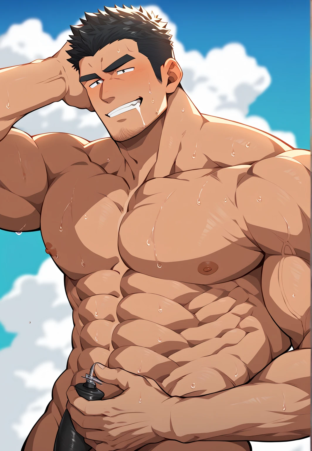 high quality,flexing, (soro japanese teen boy:1.5), (detailed eyes), (black short hair), (muscle:1.5), naked, (dark wet skin), (detailed puffy nipples), black tiny thong, bulge, smirk, looking at viewer,