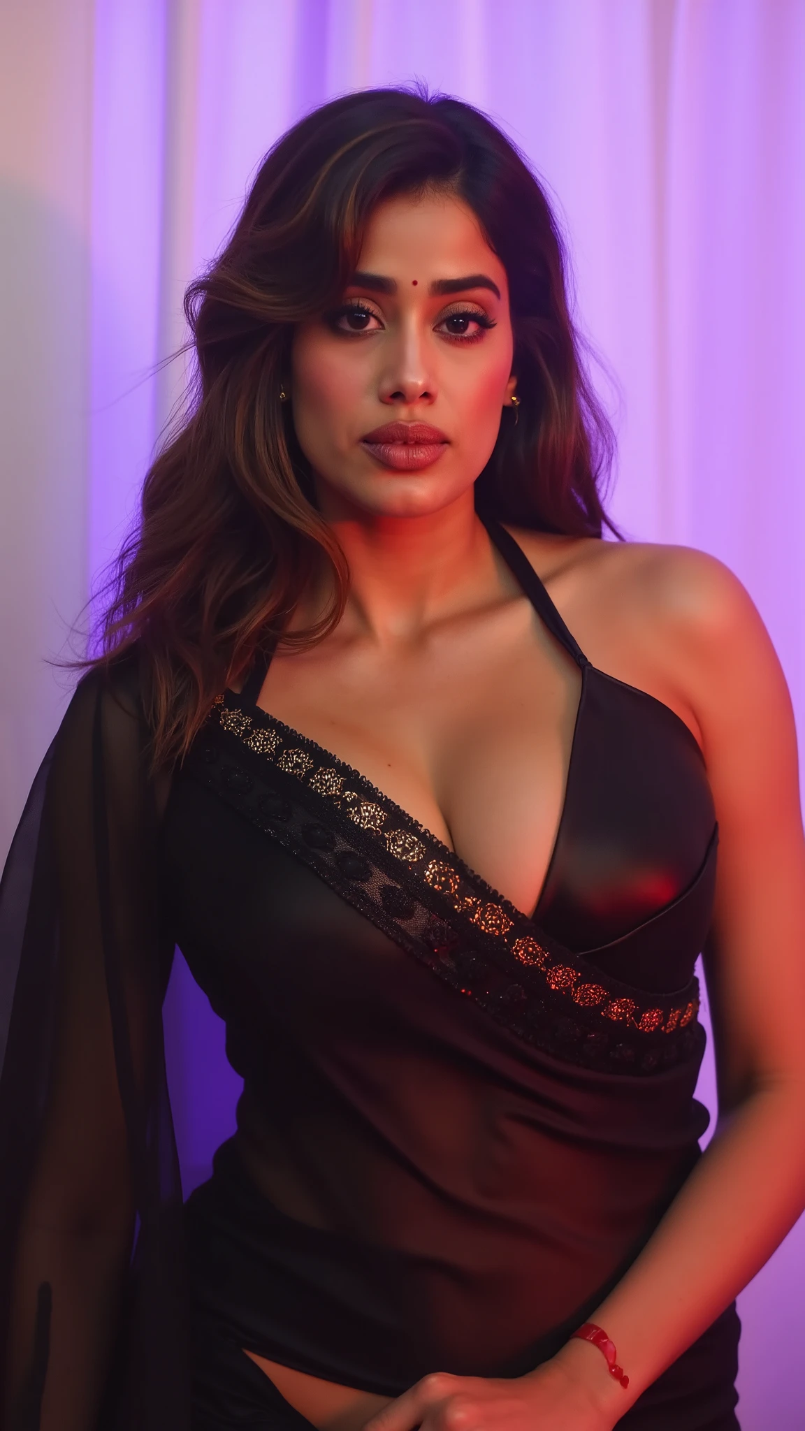 A half body of woman in a bright colourful bra top and hipster type panties (((straight standing))) posing for a perfect loop lighting photoshoot, light colourful bra, ((((((solo)))))), ((((((1girl)))))), ((looking at camera)), lacey, posing in bra, gorgeous woman, cleavage, wavy lingeries, angela white, jaw-dropping beauty, wearing bra, (cinematic realistic Dazzling Lights background behind her), curvy model, sexy push up bras, attractive girl, (((big breasts))), busty, with large breasts, attractive woman, jaw dropping beauty, (long wavy hair), (((big body shape))), ((Dazzling Lights)), ((wearing a BodySuit with sleeves)), (dramatic lighting), (sharp focus), (intricate), fashion, realistic skin texture, ((perfect anatomy)), ((detailed face:1.2)), ((detailed facial features)), (finely detailed skin), masterpiece), (perfect proportion), (realistic photo), (best quality: 1.6), (detailed), Surrealism, drop shadow, anaglyph, stereogram, tachi-e, pov, atmospheric perspective, glowing light, backlighting, ray tracing, image fill, anaglyph, stereogram, scanlines, speed lines, silhouette, vignetting, 8k, super detail, best quality